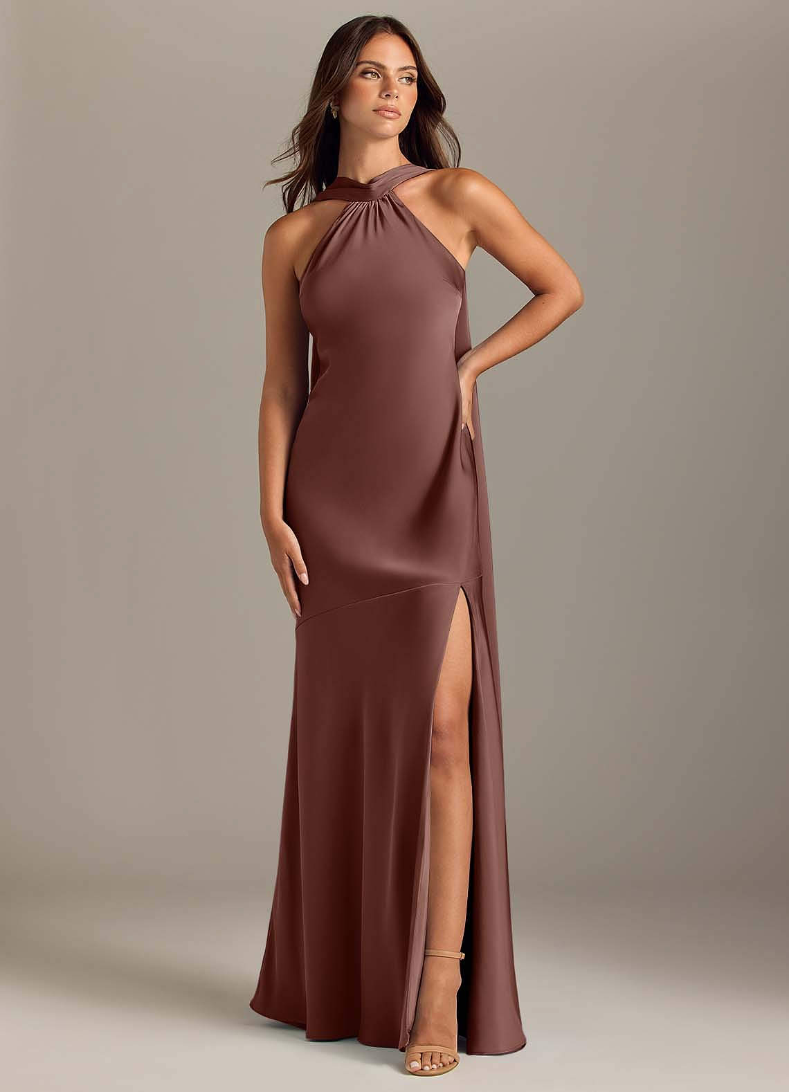 Kinsley Mermaid Halter Stretch Satin Bridesmaid Dress in Espresso
