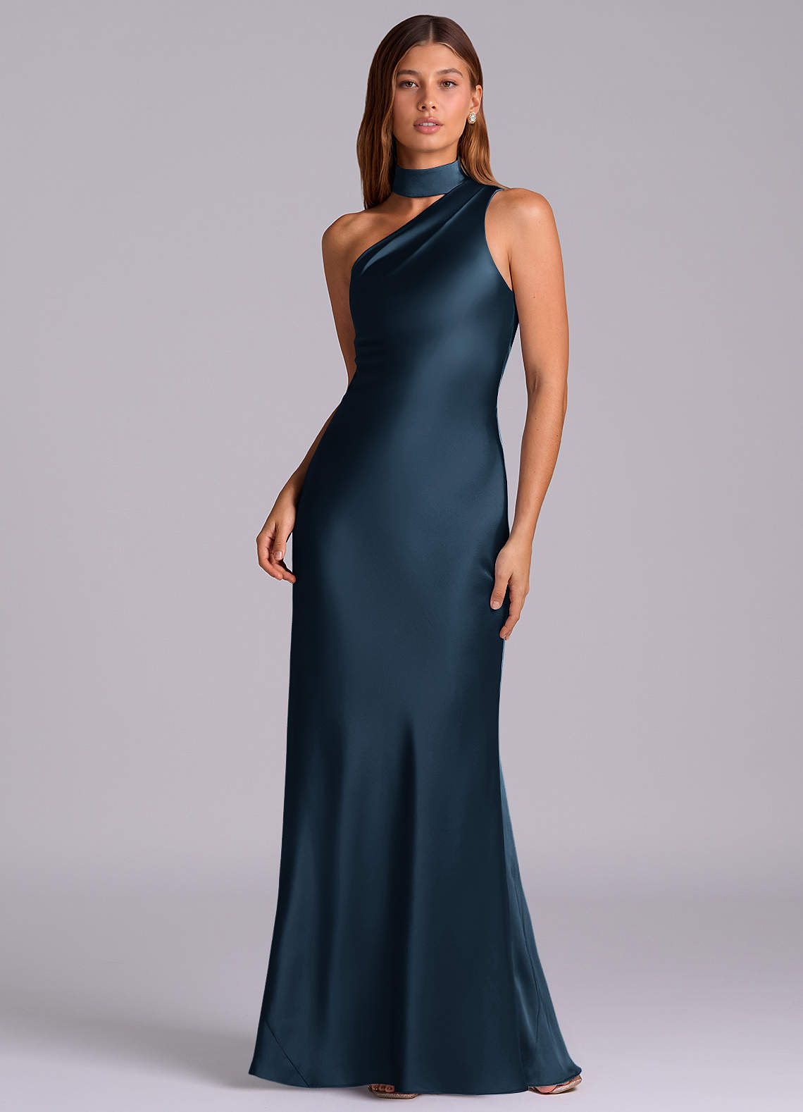 Seona Mermaid One-Shoulder Stretch Satin and Tulle Bridesmaid Dress in Dark Navy