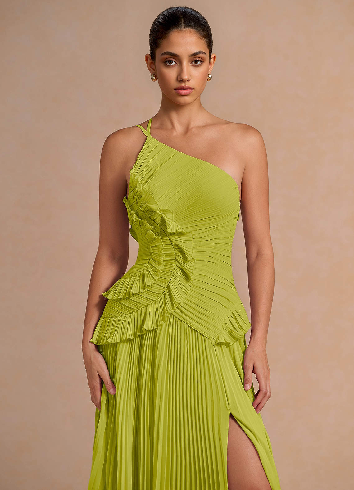 Melody A-Line One-Shoulder Chiffon Evening Dress in Lemon Green