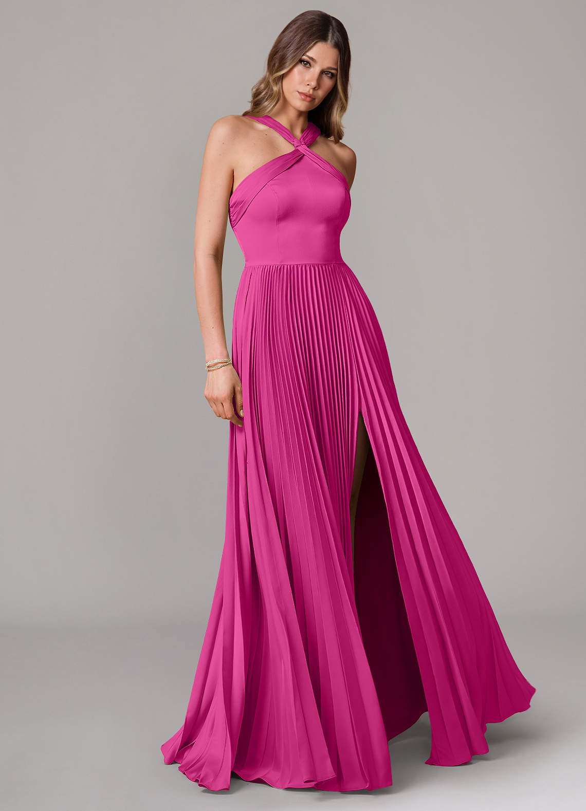 Afra A-Line Halter-Neck Stretch Satin Bridesmaid Dress in Fuchsia
