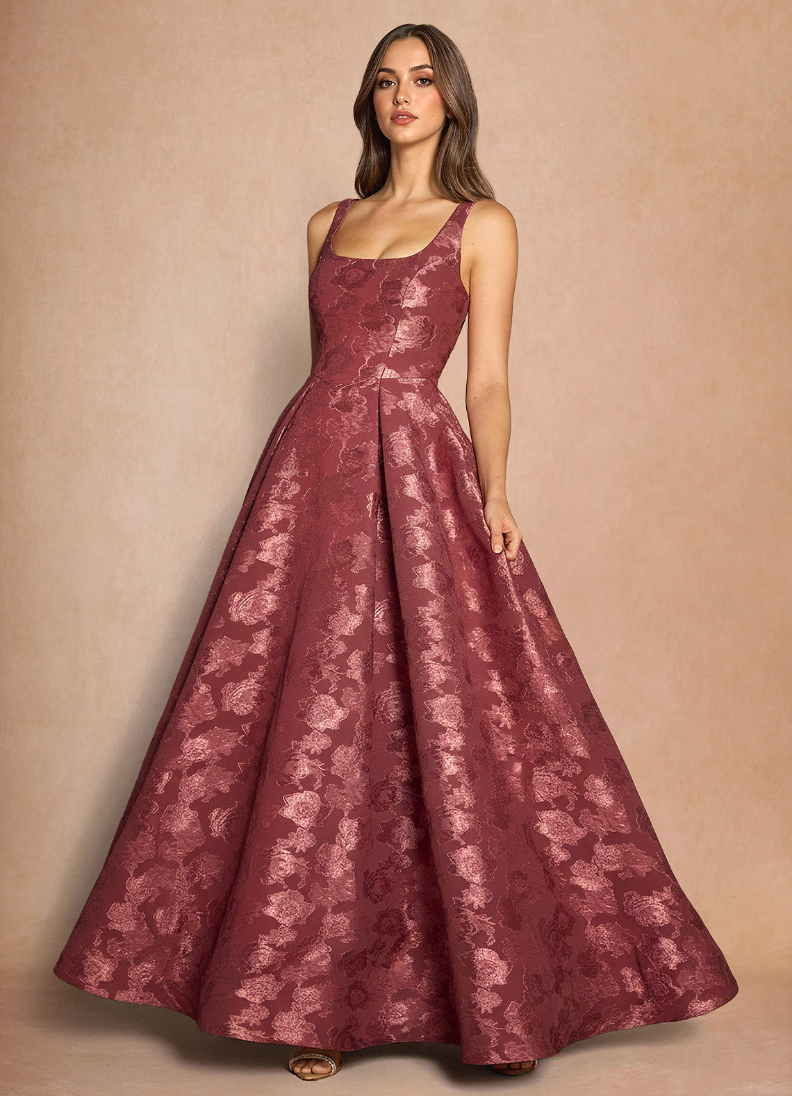 Briac A-Line Scoop-Neck Fil Coupé Evening Dress in Vintage Rose
