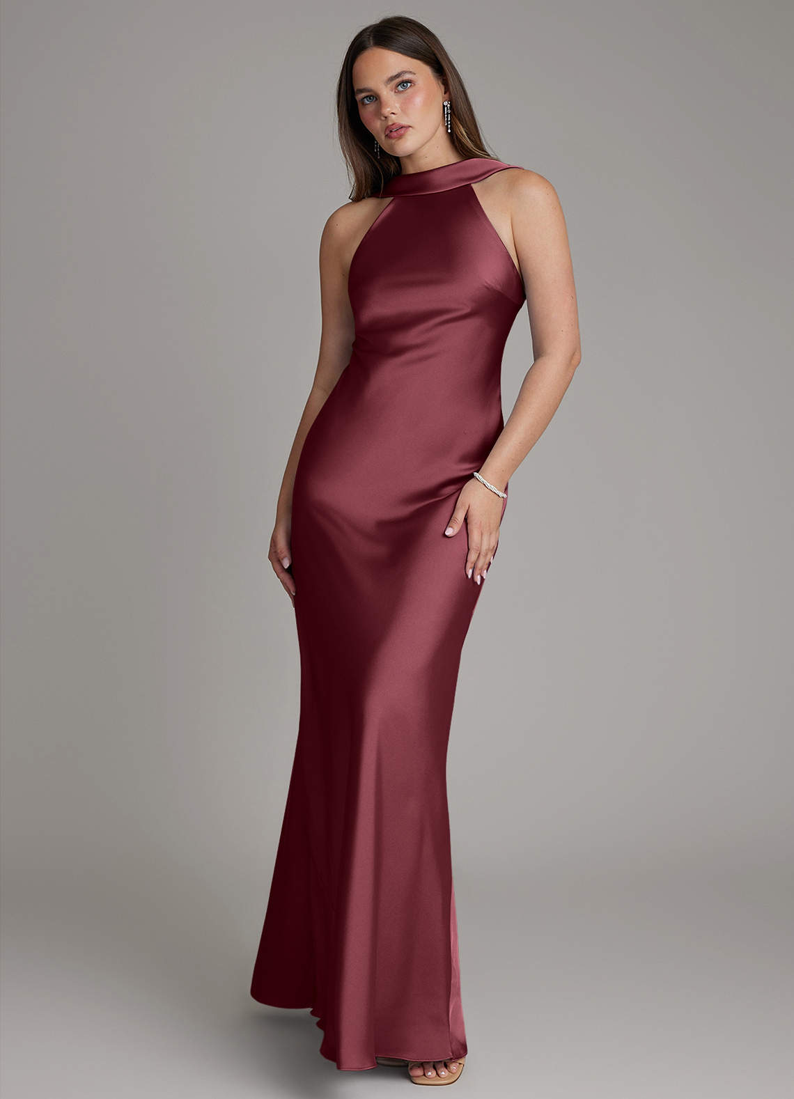 Dimitra Sheath Halter Stretch Satin Bridesmaid Dress in Merlot
