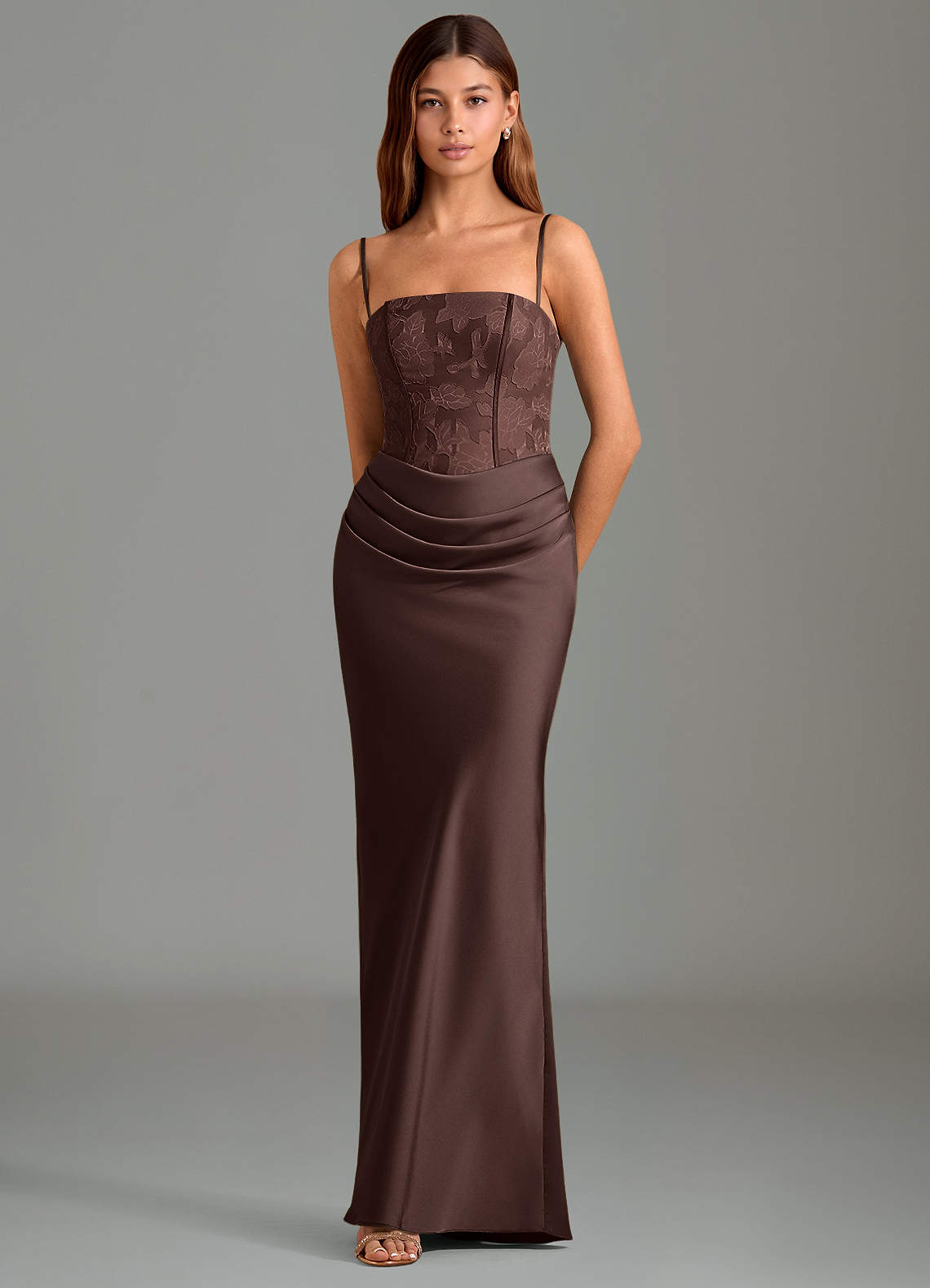 Emilia Mermaid Strapless Stretch Satin and Floral Burnout Bridesmaid Dress in Ganache