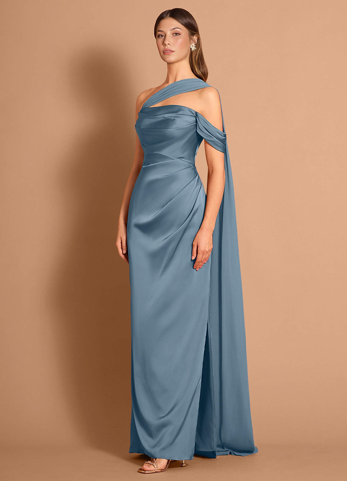 Meliora Asymmetric Strapless Chiffon-Drape Stretch Satin Evening Dress in Powder Blue