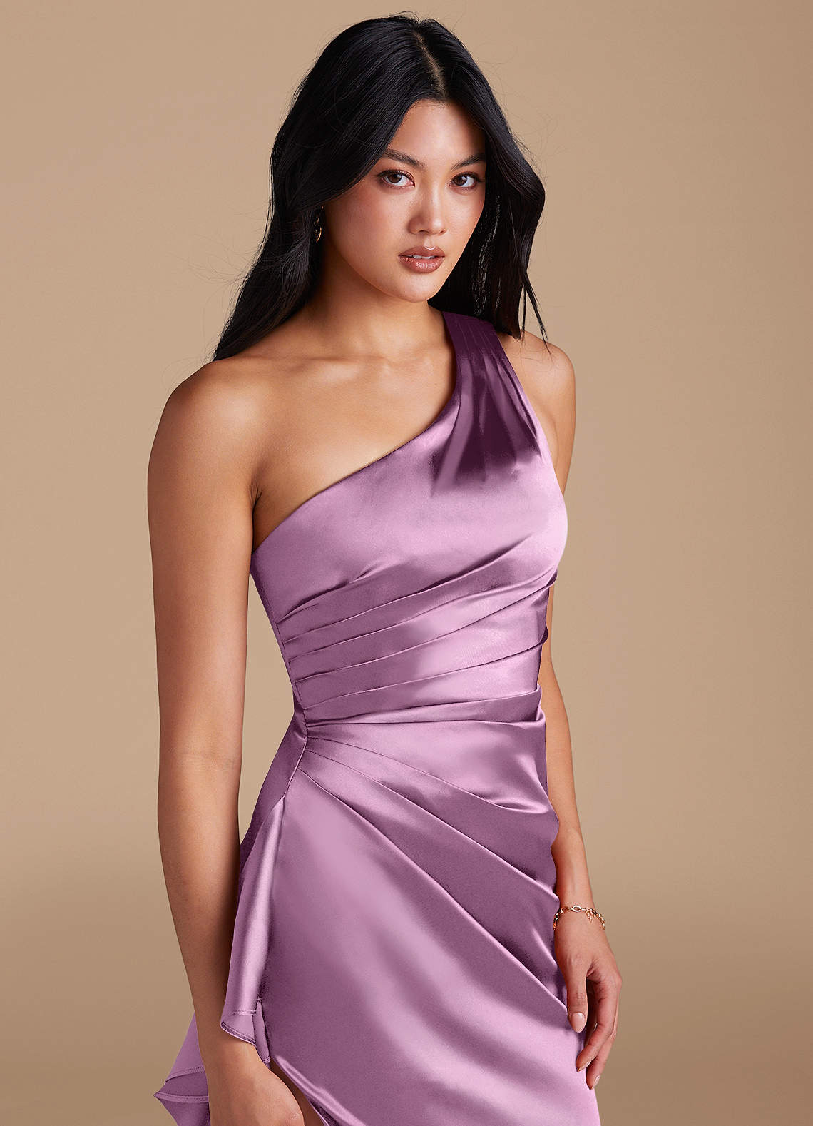 Latrice Sheath One-Shoulder Metallic Satin Bridesmaid Dress in Wisteria