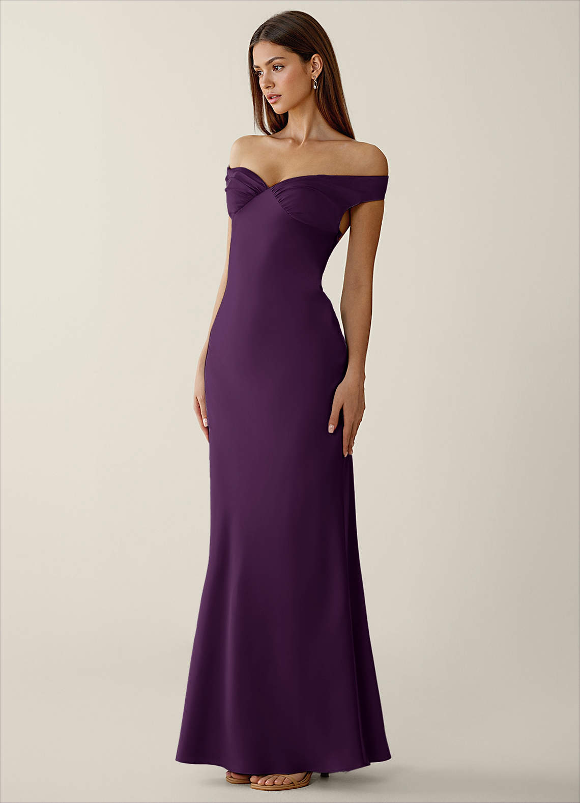 Gwendonme Sheath Off-the-Shoulder Satin Crystal Linen Evening Dress in Grape