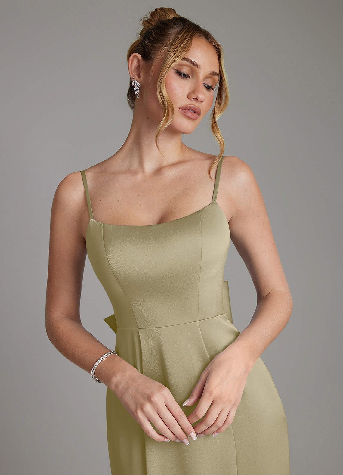 Zherra Mermaid Scoop-Neck Stretch Satin Bridesmaid Dress in Moss Green