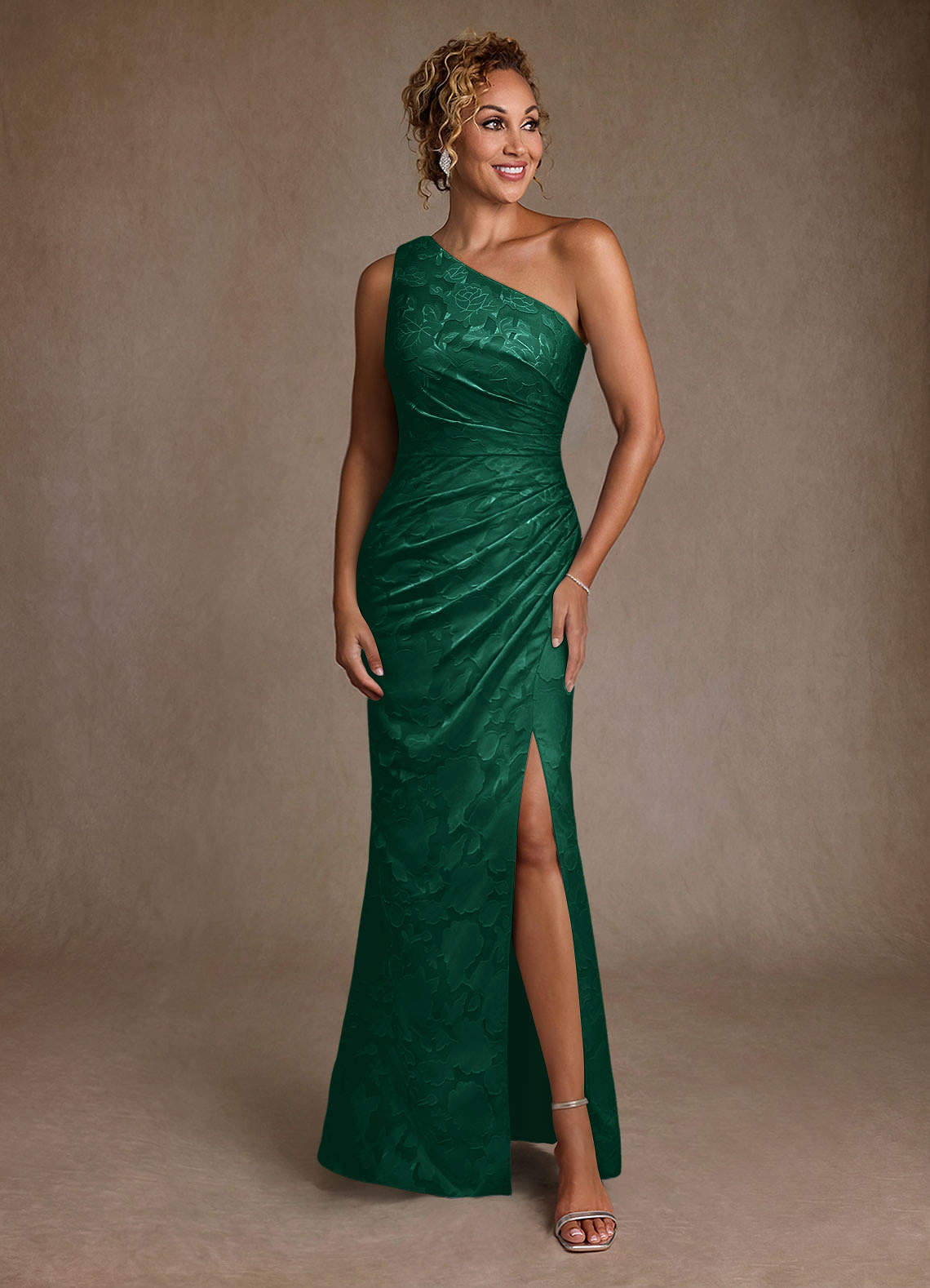 Joylin Trumpet One-Shoulder Floral Burnout Mother of the Bride Dress in Emerald