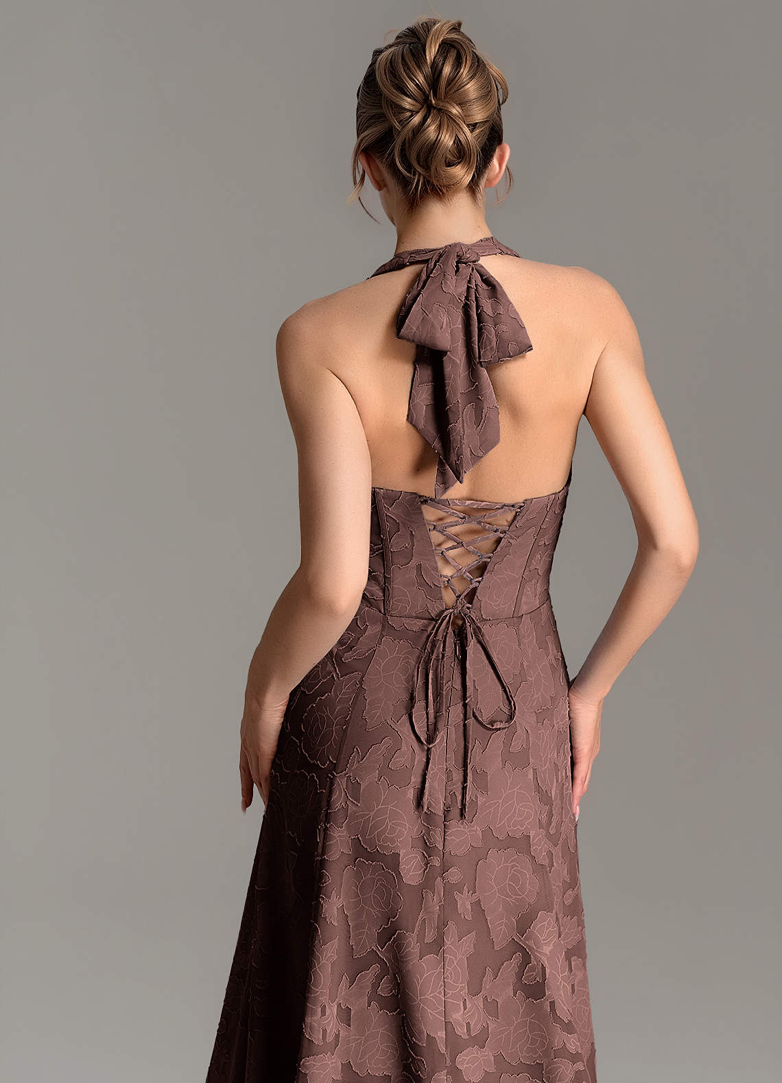 Nia A-Line V-Neck Floral Burnout Bridesmaid Dress in Ganache