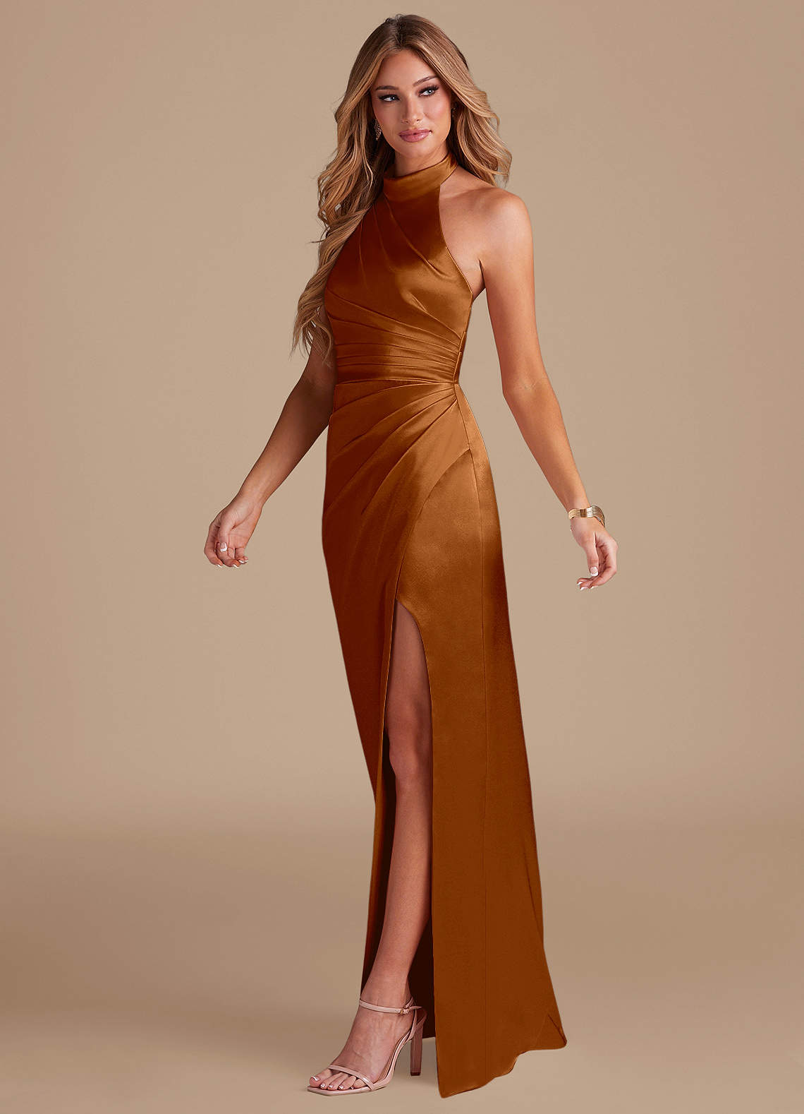 Jemma Sheath High-Neck Metallic Satin Bridesmaid Dress in Copper
