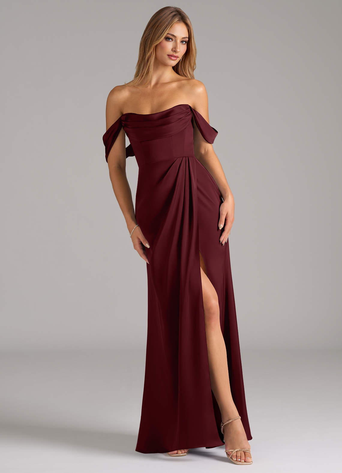 Johana Mermaid Off-the-Shoulder Stretch Satin Bridesmaid Dress in Cabernet