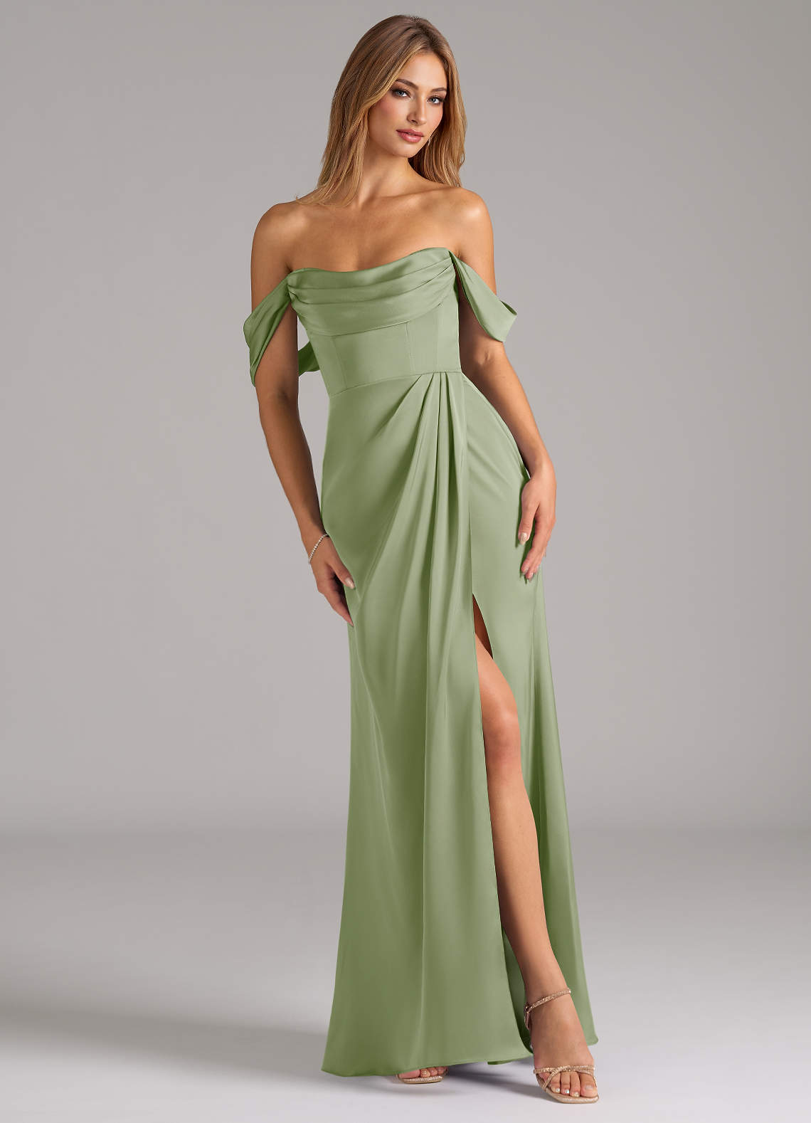Johana Mermaid Off-the-Shoulder Stretch Satin Bridesmaid Dress in Dusty Sage