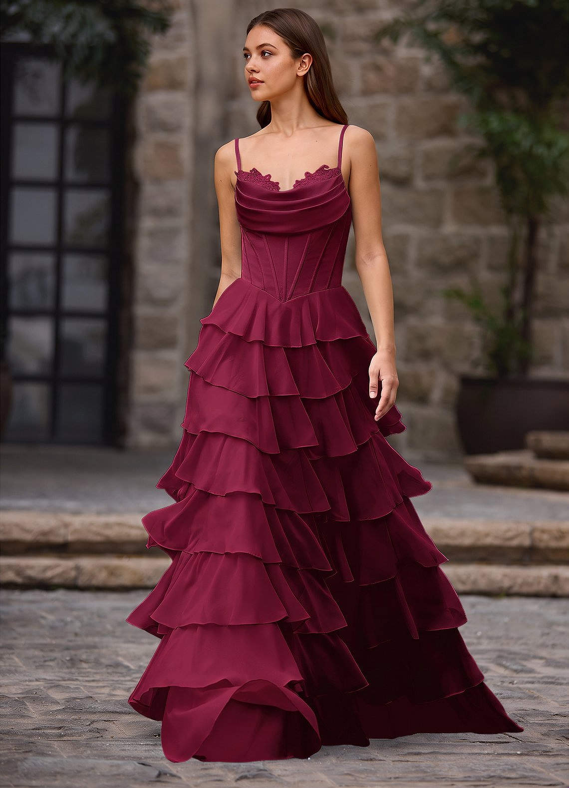 Floralace A-Line Ruffle Chiffon Evening Dress in Merlot