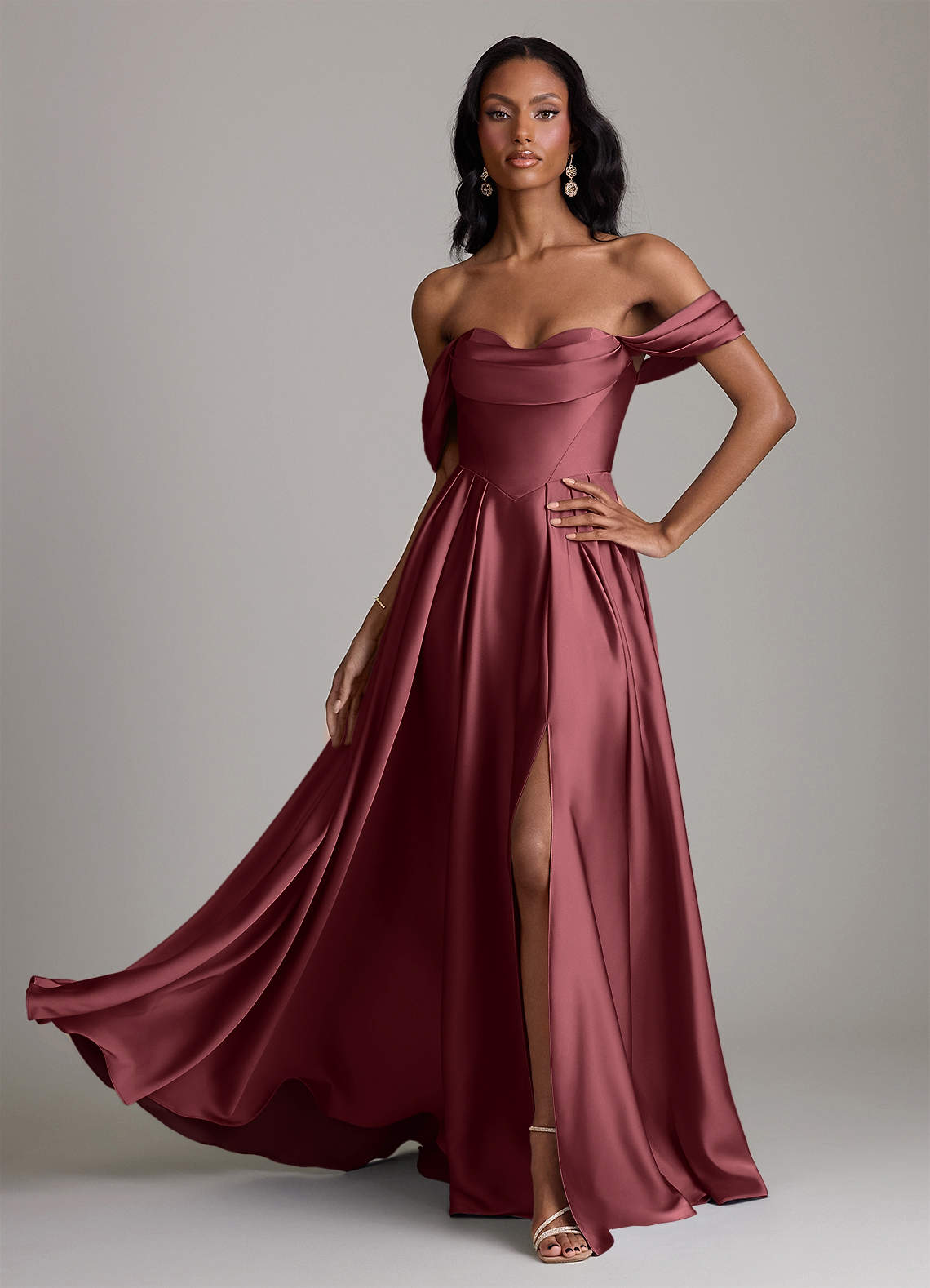 Loisa A-Line Off-the-Shoulder Stretch Satin Bridesmaid Dress in Merlot