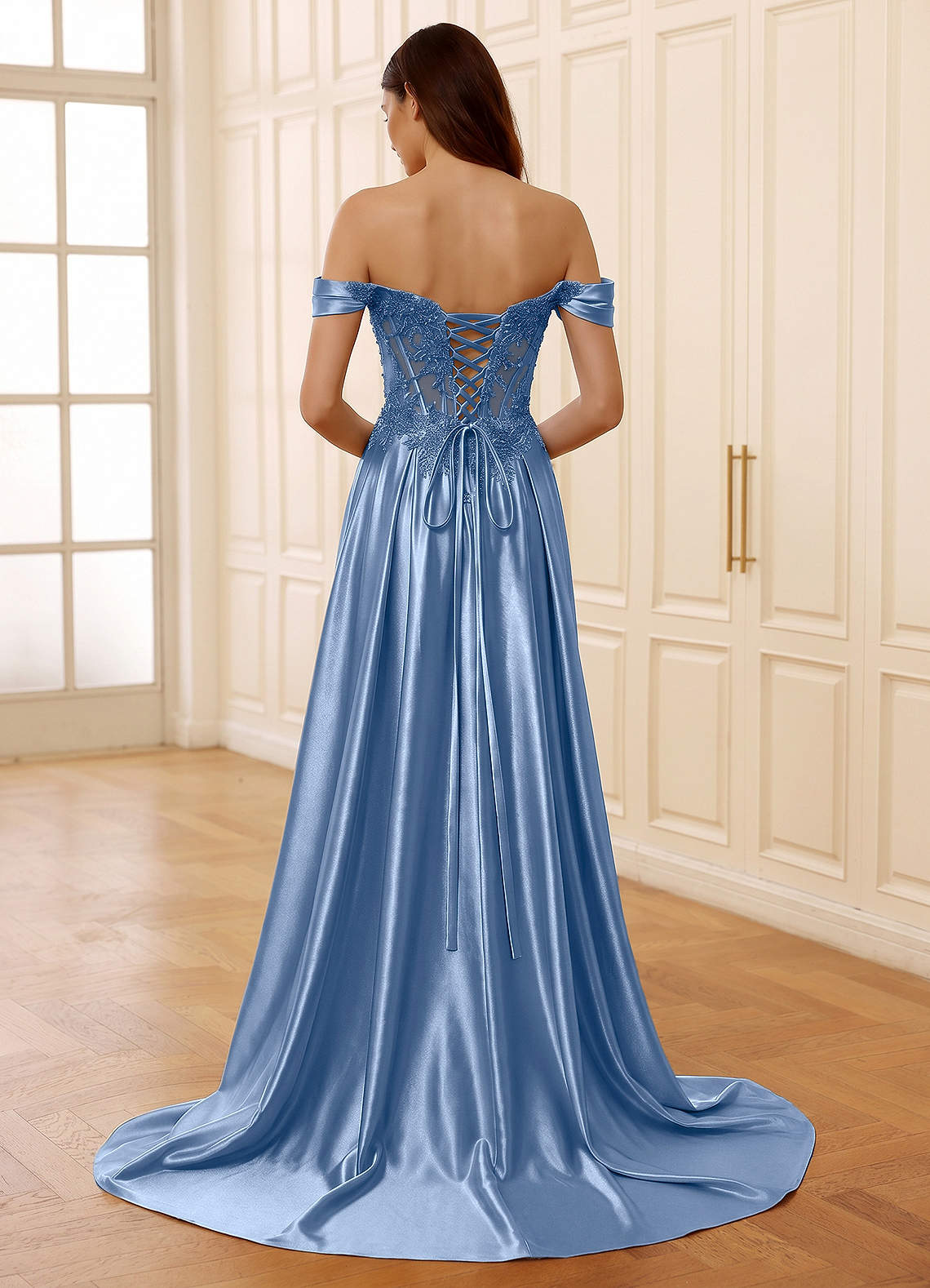 Rowane A-Line Off-the-Shoulder Satin Evening Dress in Light Blue