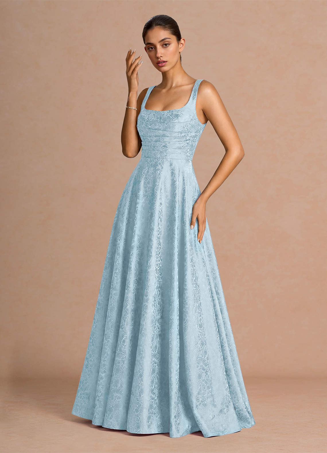 Elowena A-Line Square-Neck Satin Jacquard Evening Dress in Sky Blue