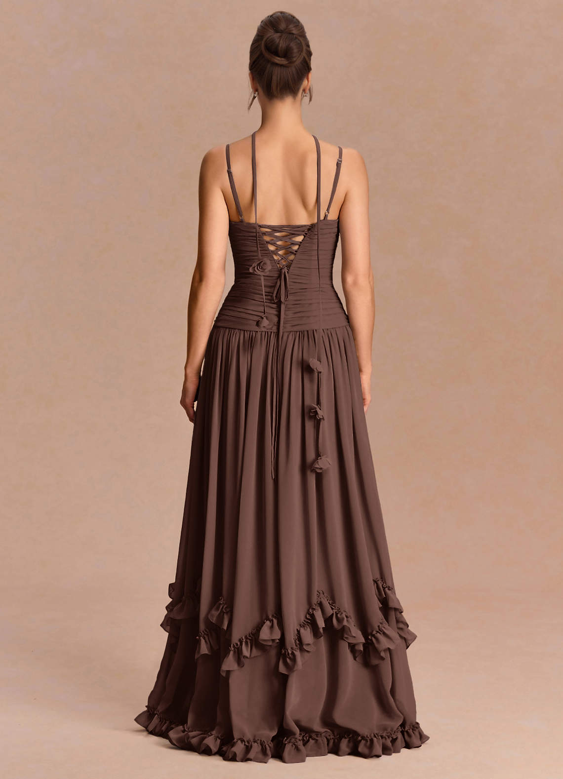 Eulalie A-Line Floral-Appliqué Chiffon Evening Dress in Truffle