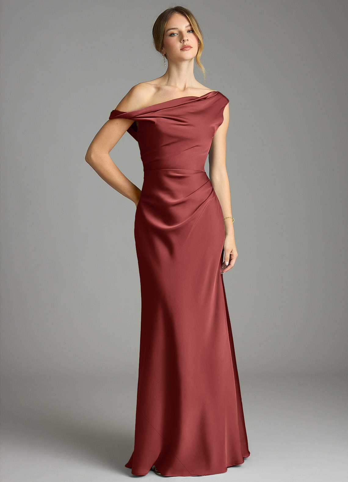 Emerson Mermaid One-Shoulder Stretch Satin Bridesmaid Dress in Terracotta