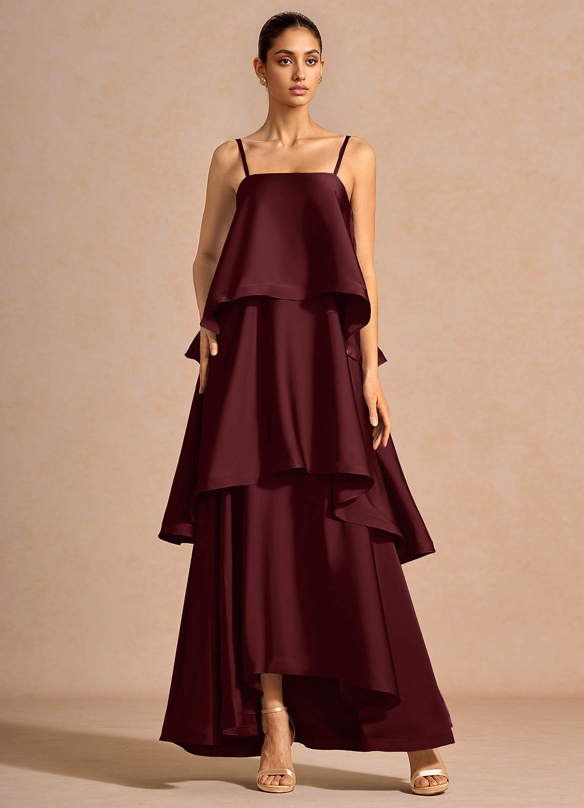 Itasca A-Line Tiered Stretch Satin Wedding Guest Dress in Wine