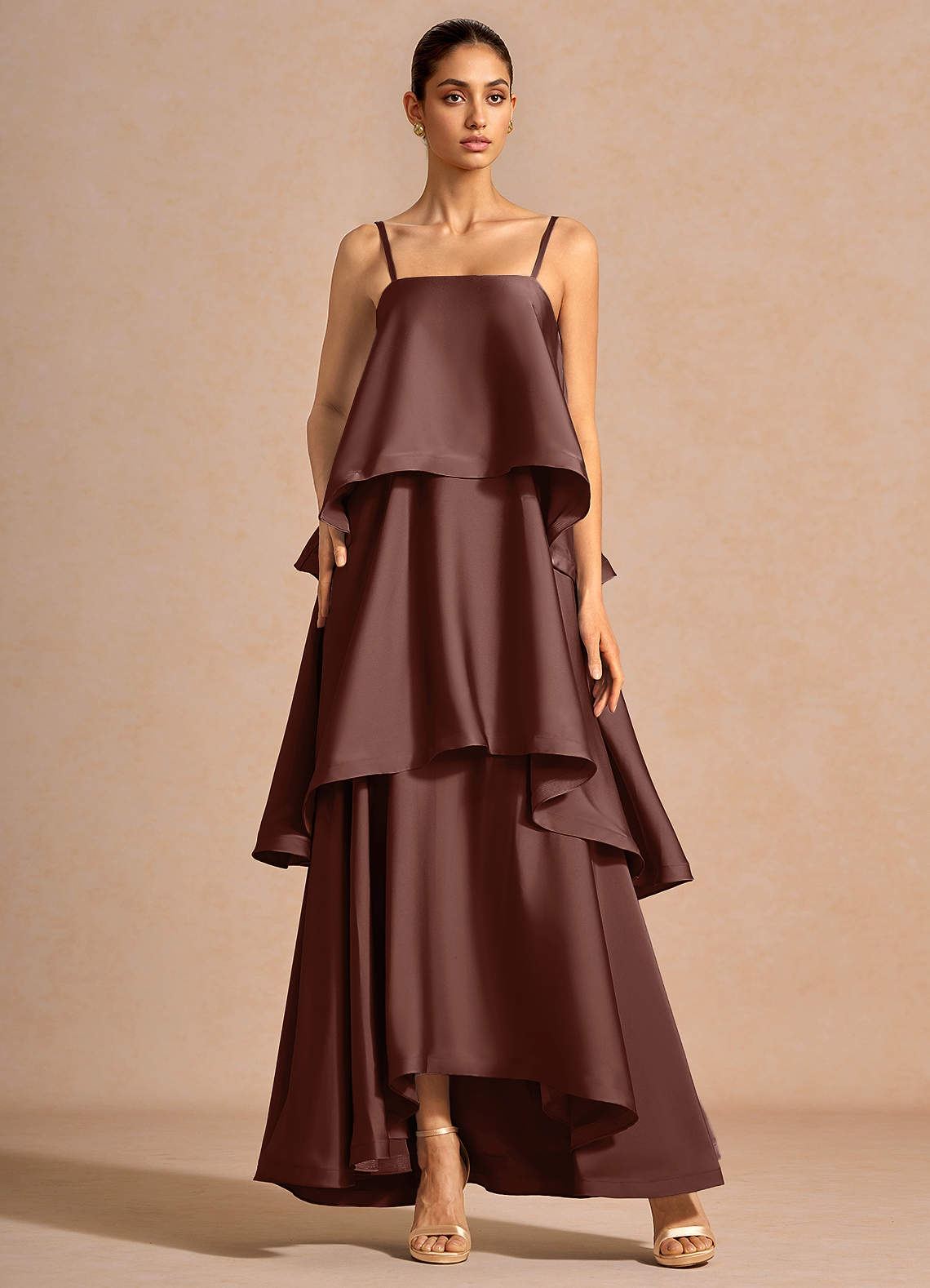 Itasca A-Line Tiered Stretch Satin Wedding Guest Dress in Mocha Coco
