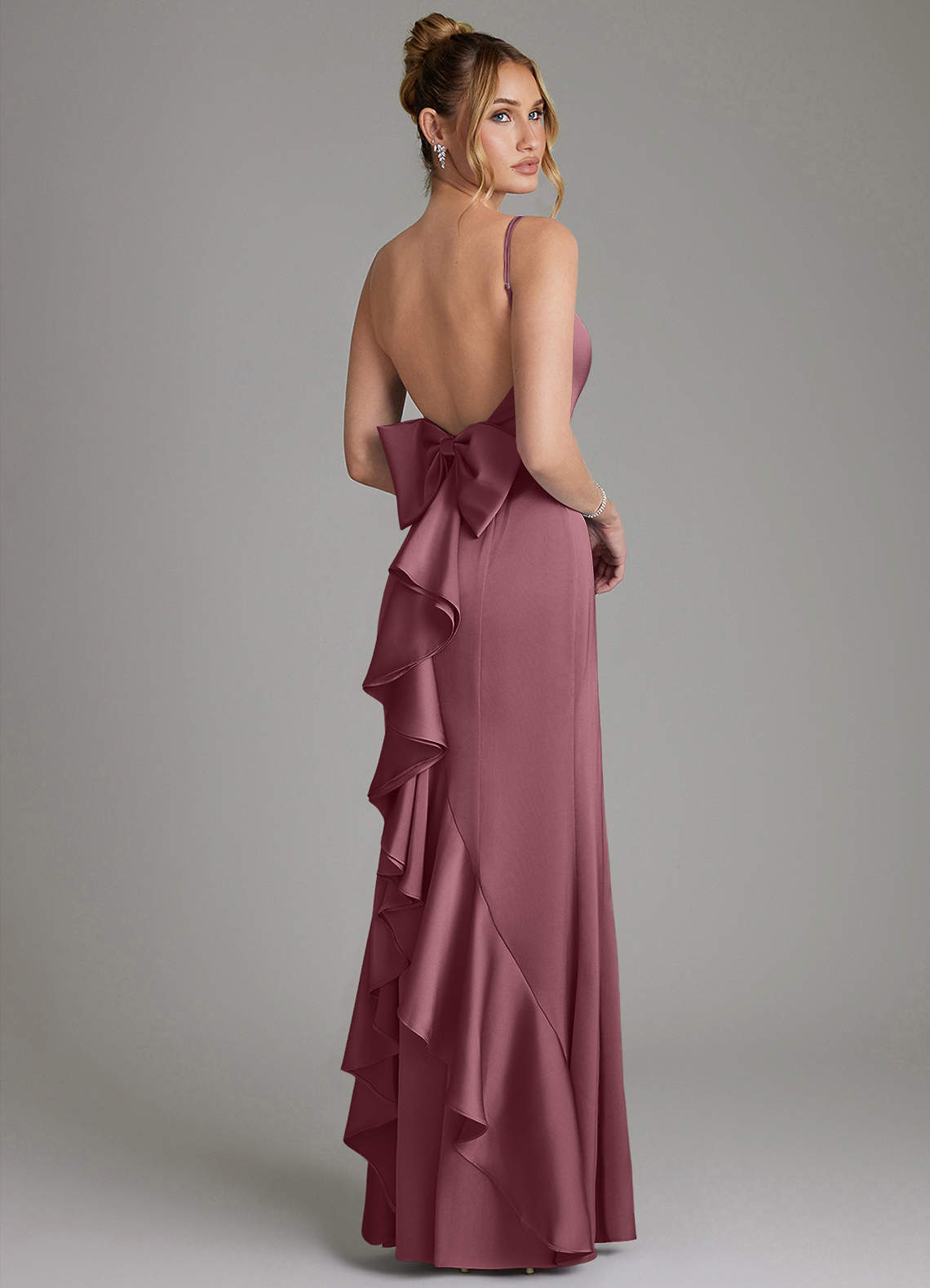 Zherra Mermaid Scoop-Neck Stretch Satin Bridesmaid Dress in Desert Rose