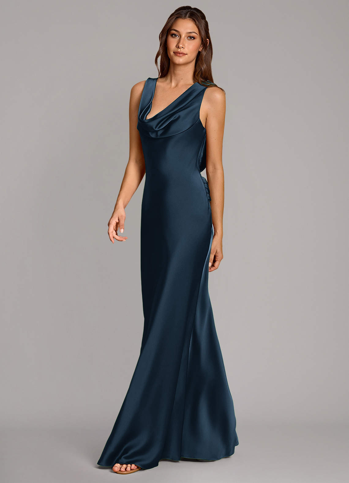 Cheryl Mermaid Cowl-Neck Stretch Satin Bridesmaid Dress in Dark Navy