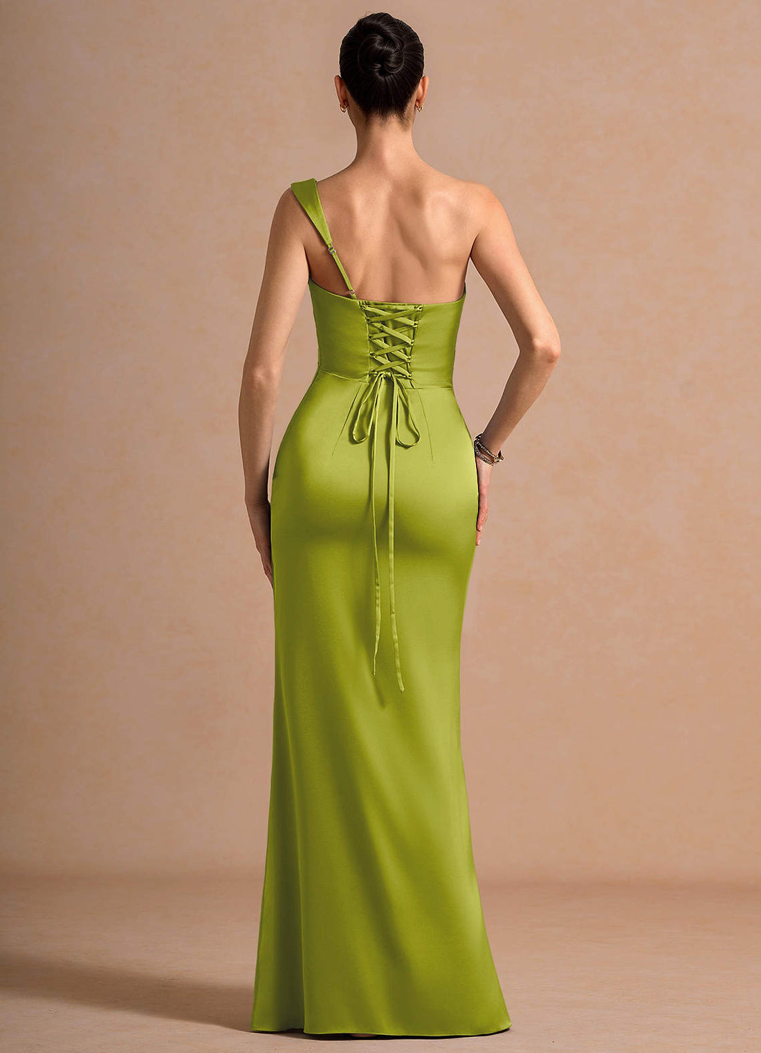 Cassiopeia One-Shoulder Draped Stretch Satin Evening Dress in Lemon Green