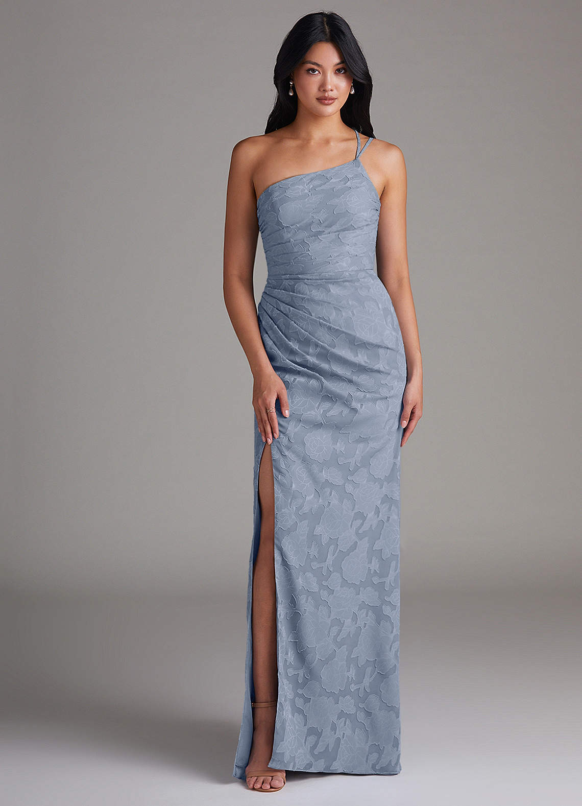 Eren Sheath One-Shoulder Floral Burnout Bridesmaid Dress in dusty blue