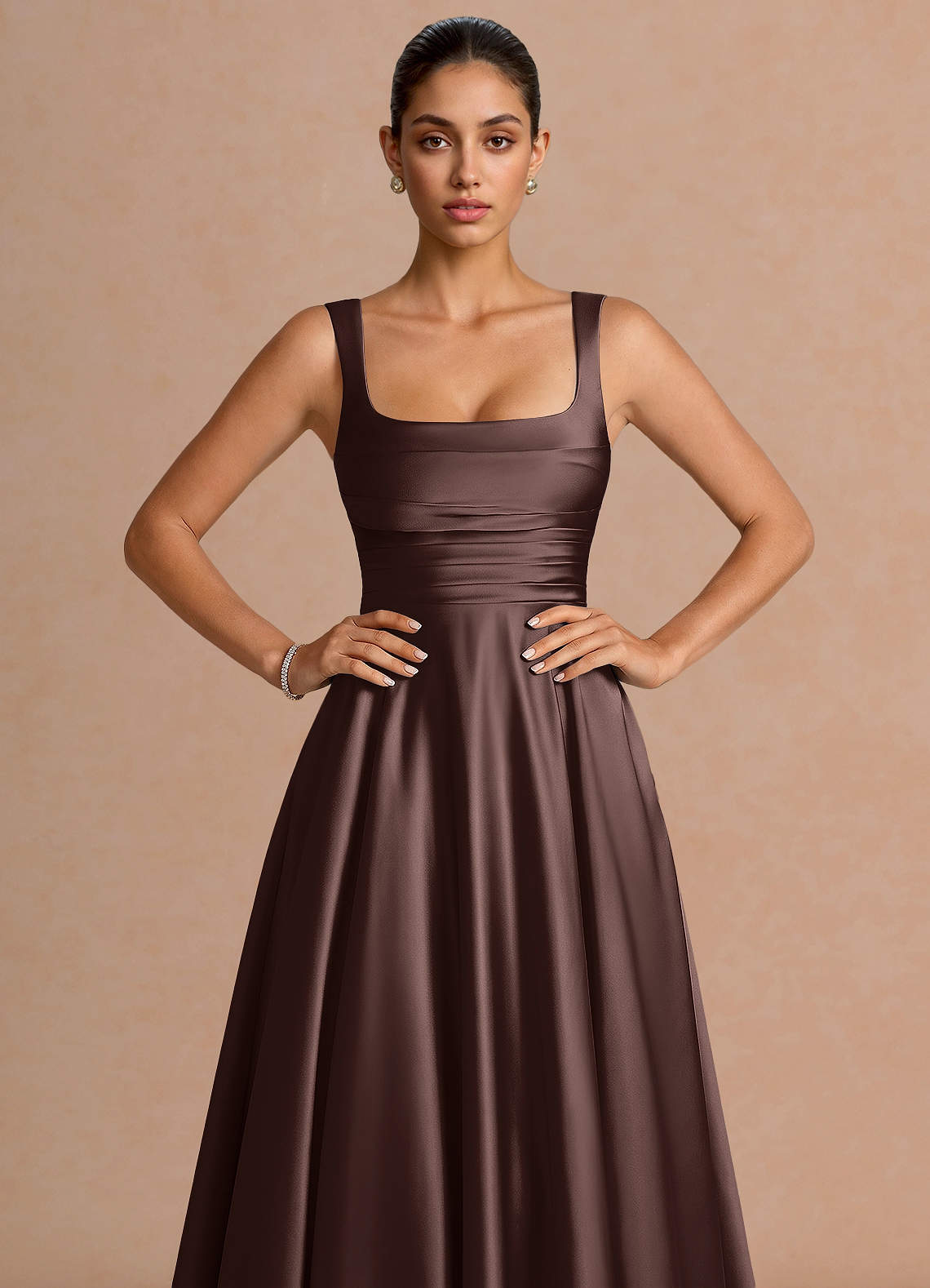 Azaria A-Line Square-Neck Stretch Satin Wedding Guest Dress in Truffle