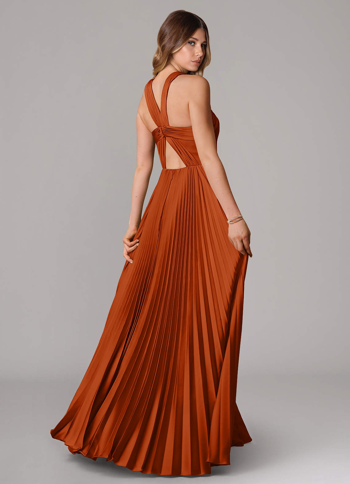 Afra A-Line Halter-Neck Stretch Satin Bridesmaid Dress in Burnt Orange