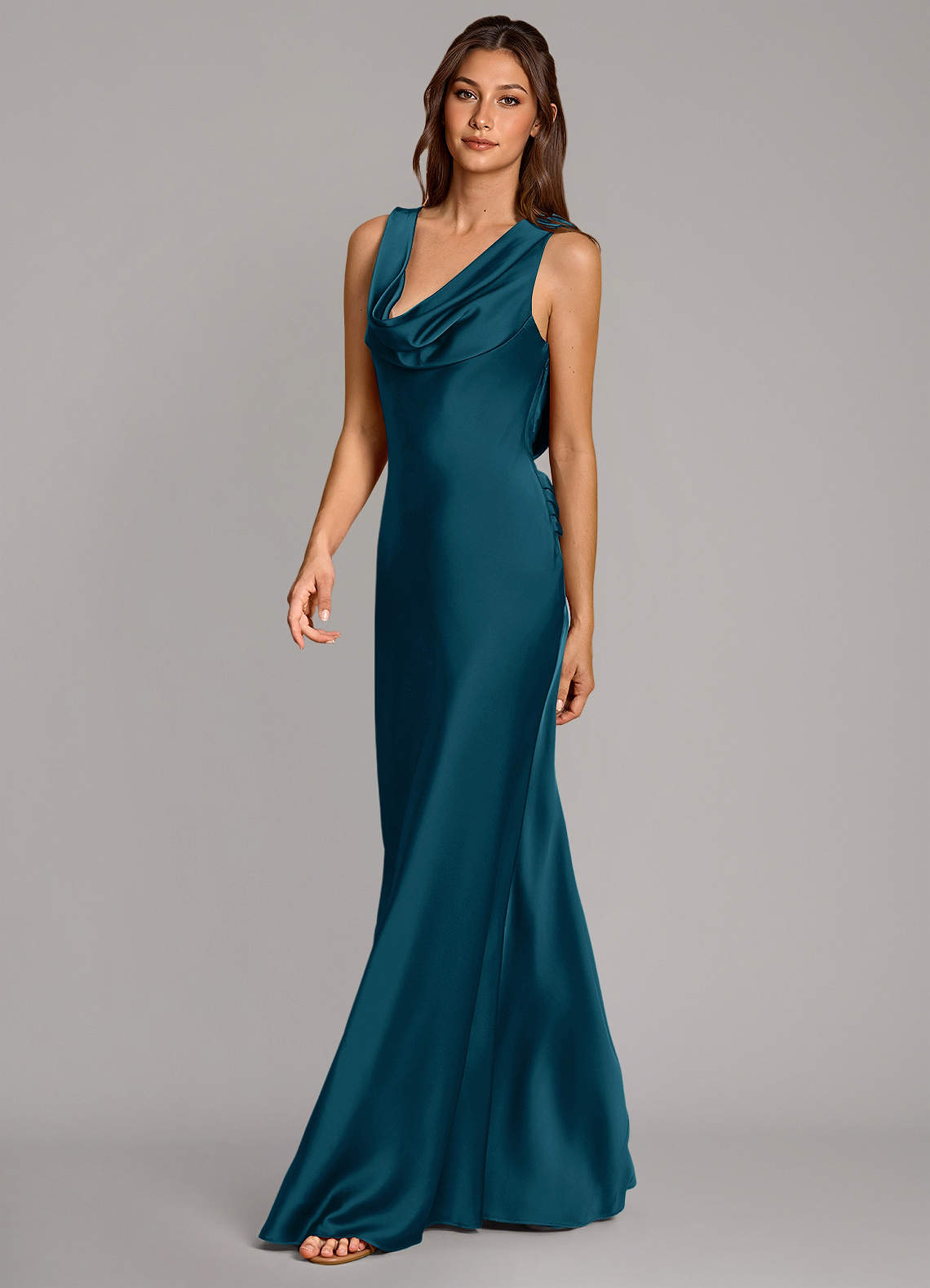 Cheryl Mermaid Cowl-Neck Stretch Satin Bridesmaid Dress in Ink Blue
