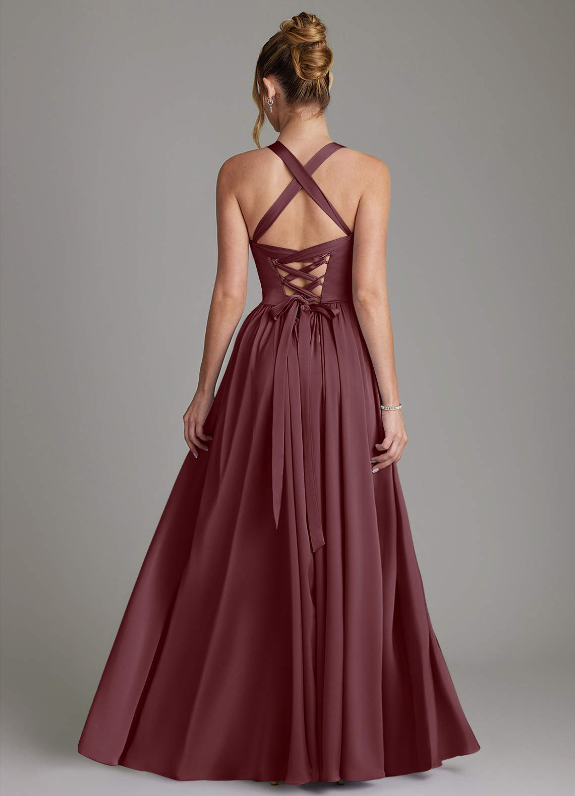 Francis A-Line V-Neck Stretch Satin Bridesmaid Dress in Sangria