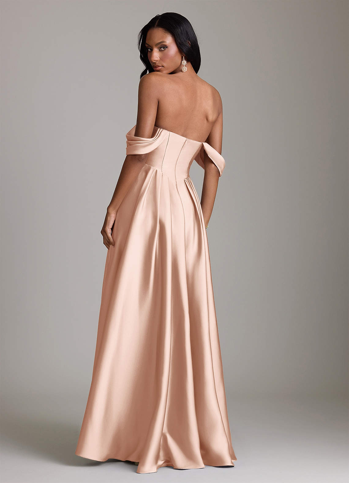 Loisa A-Line Off-the-Shoulder Stretch Satin Bridesmaid Dress in rose gold