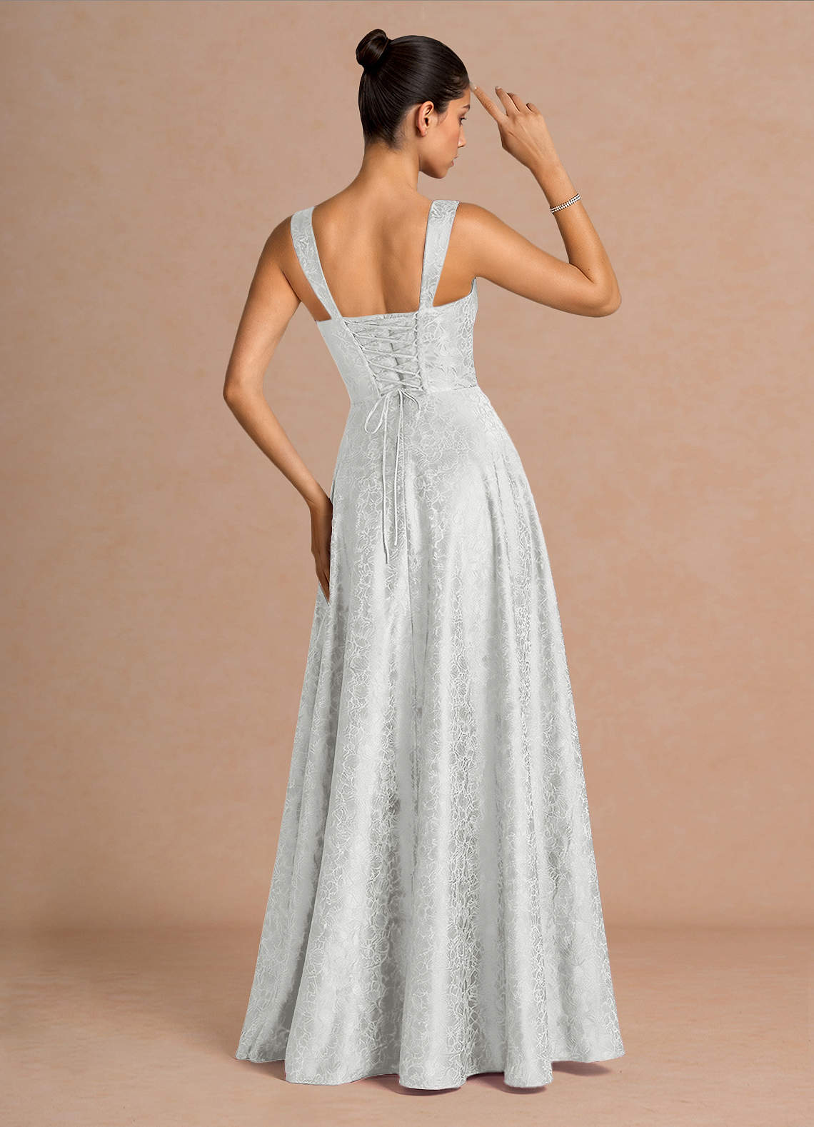 Elowena A-Line Square-Neck Satin Jacquard Evening Dress in Cream