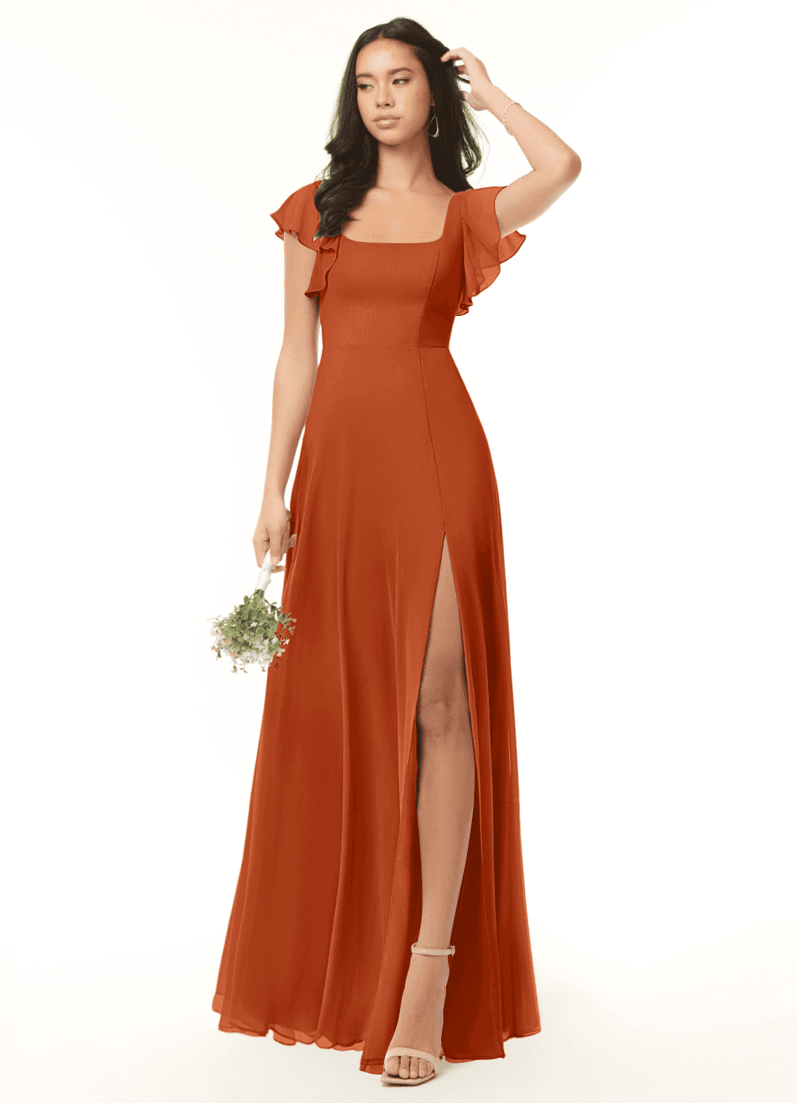 Bondi A-Line Square-Neck Chiffon Bridesmaid Dress in Burnt Orange