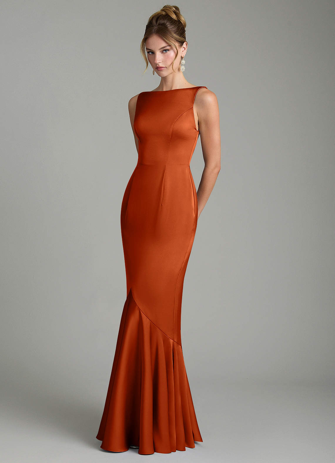 Tamera Mermaid Boat-Neck Stretch Satin and Chiffon Bridesmaid Dress in Burnt Orange