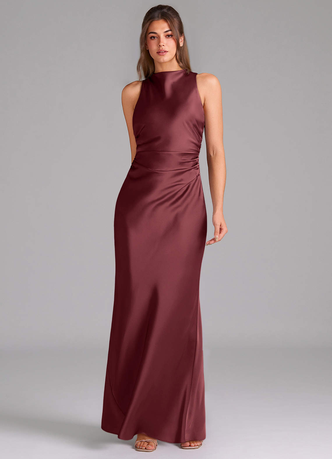 Evadne Sheath Scoop-Neck Stretch Satin Bridesmaid Dress in Merlot