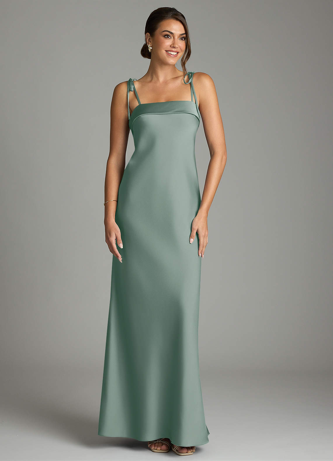Ellia Sheath Straight-Neck Stretch Satin Bridesmaid Dress in Silver Sage