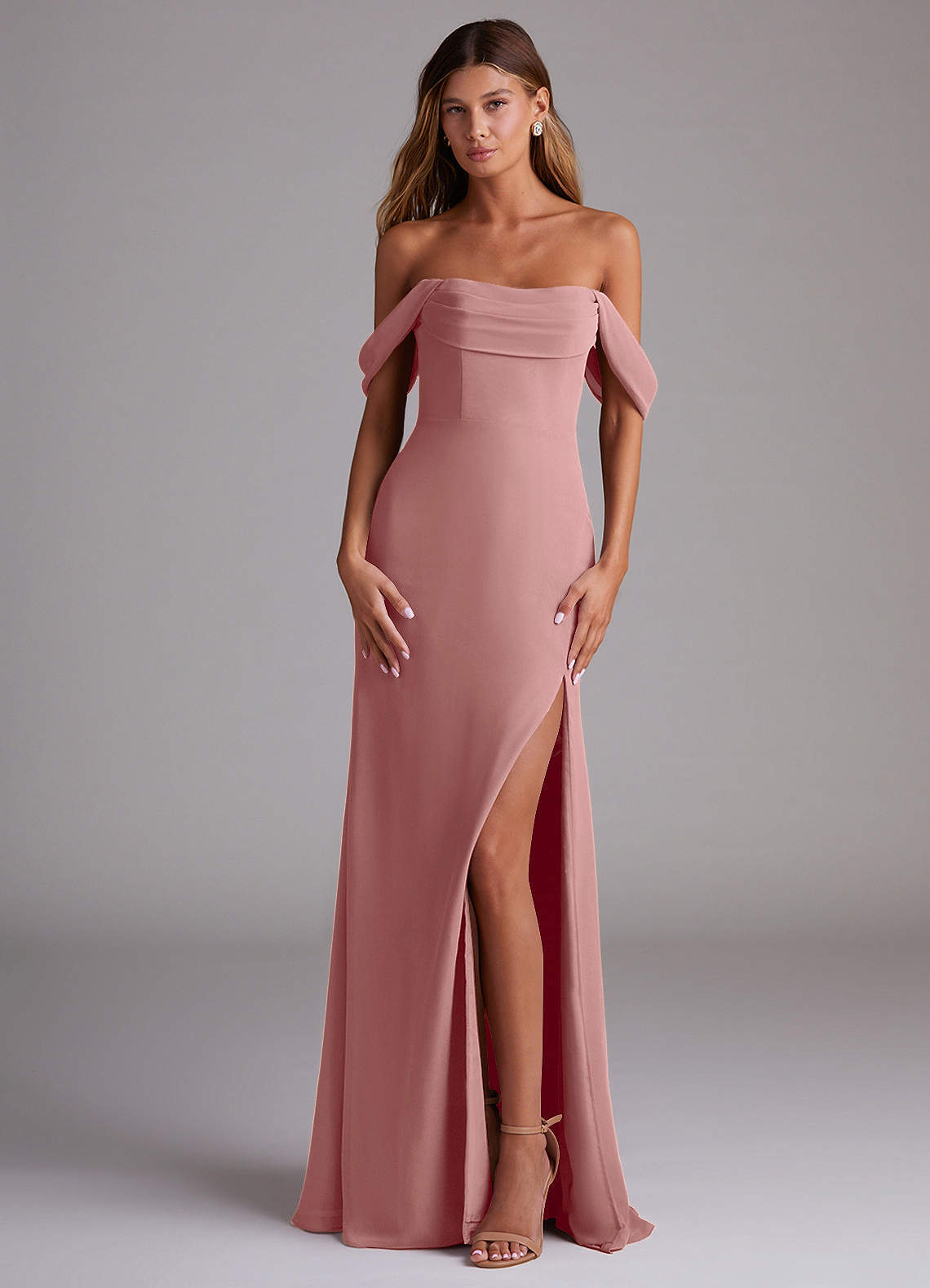 Saige A-Line Off-the-Shoulder Chiffon Bridesmaid Dress in dusty rose