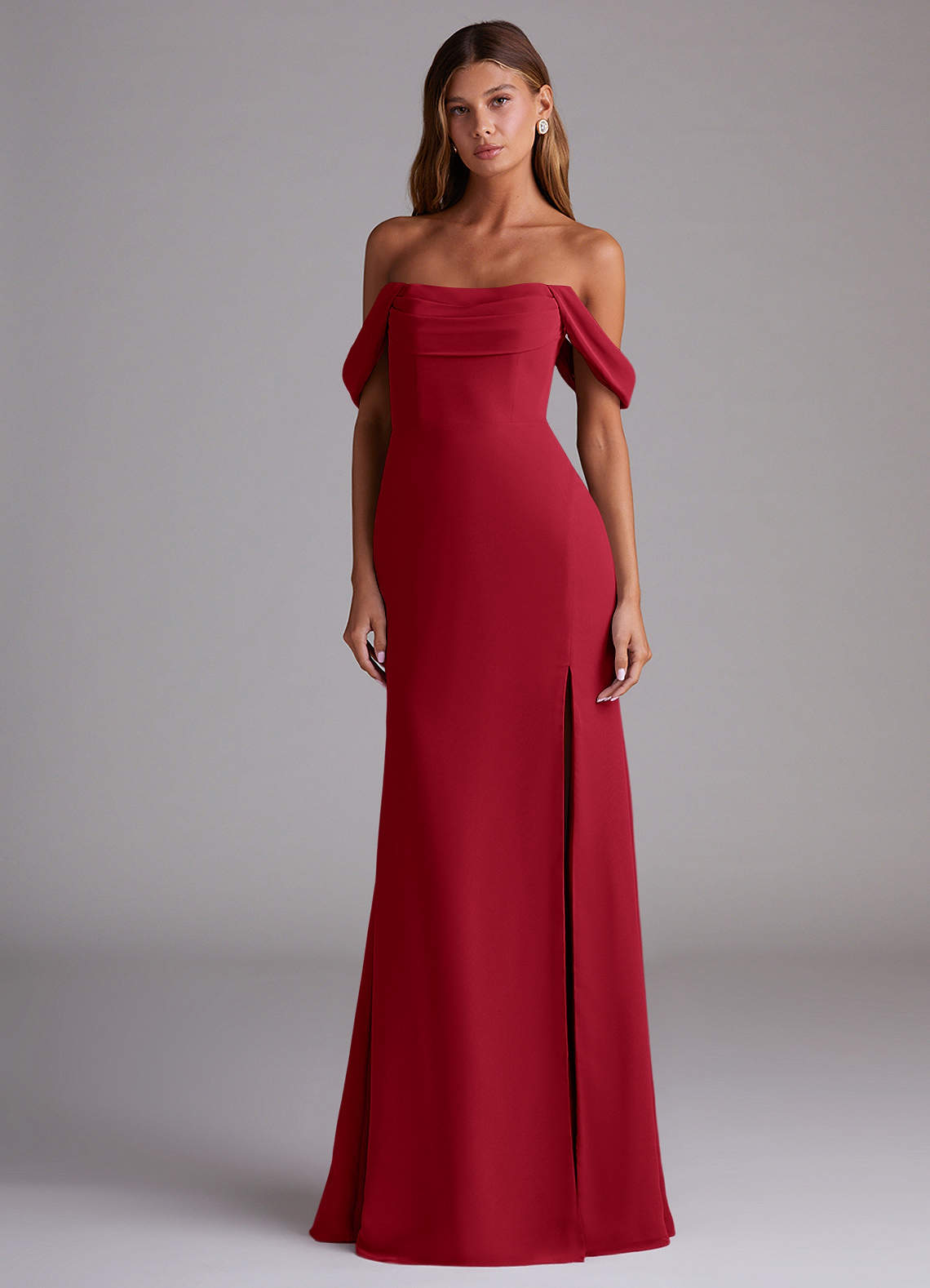 Saige A-Line Off-the-Shoulder Chiffon Bridesmaid Dress in Scarlet