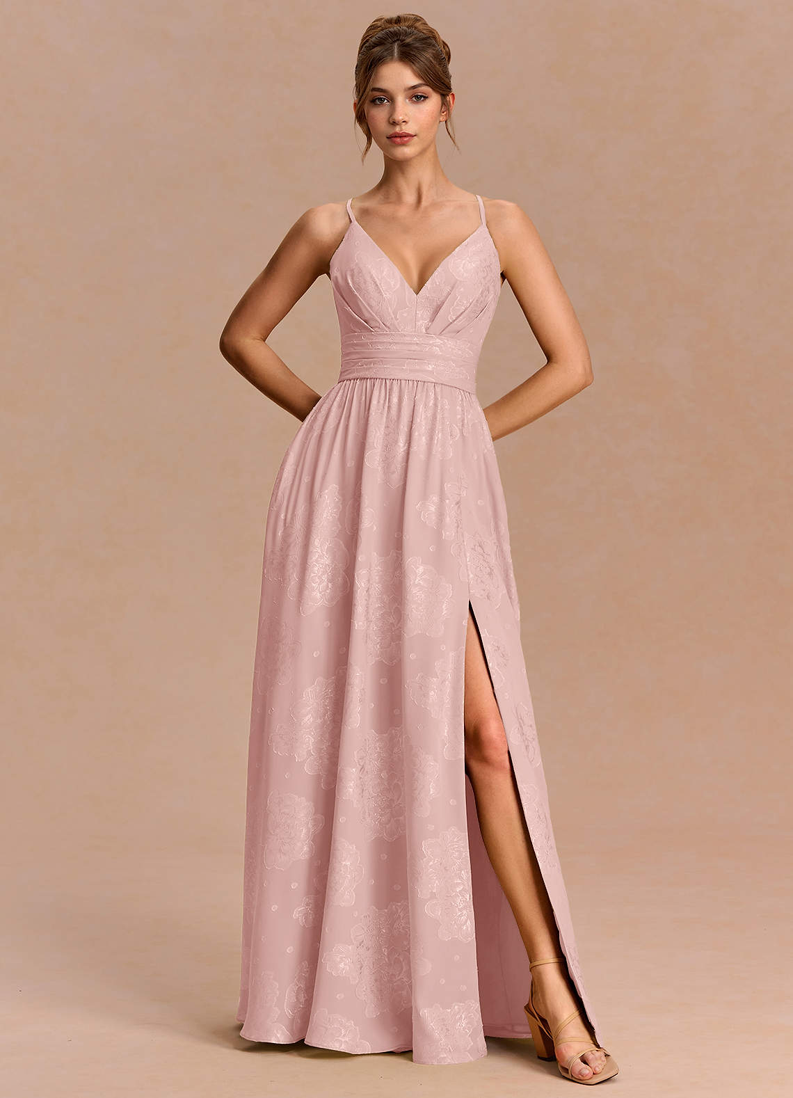 Anaëlle A-Line V-Neck Chiffon Burnout Evening Dress in Powder Pink