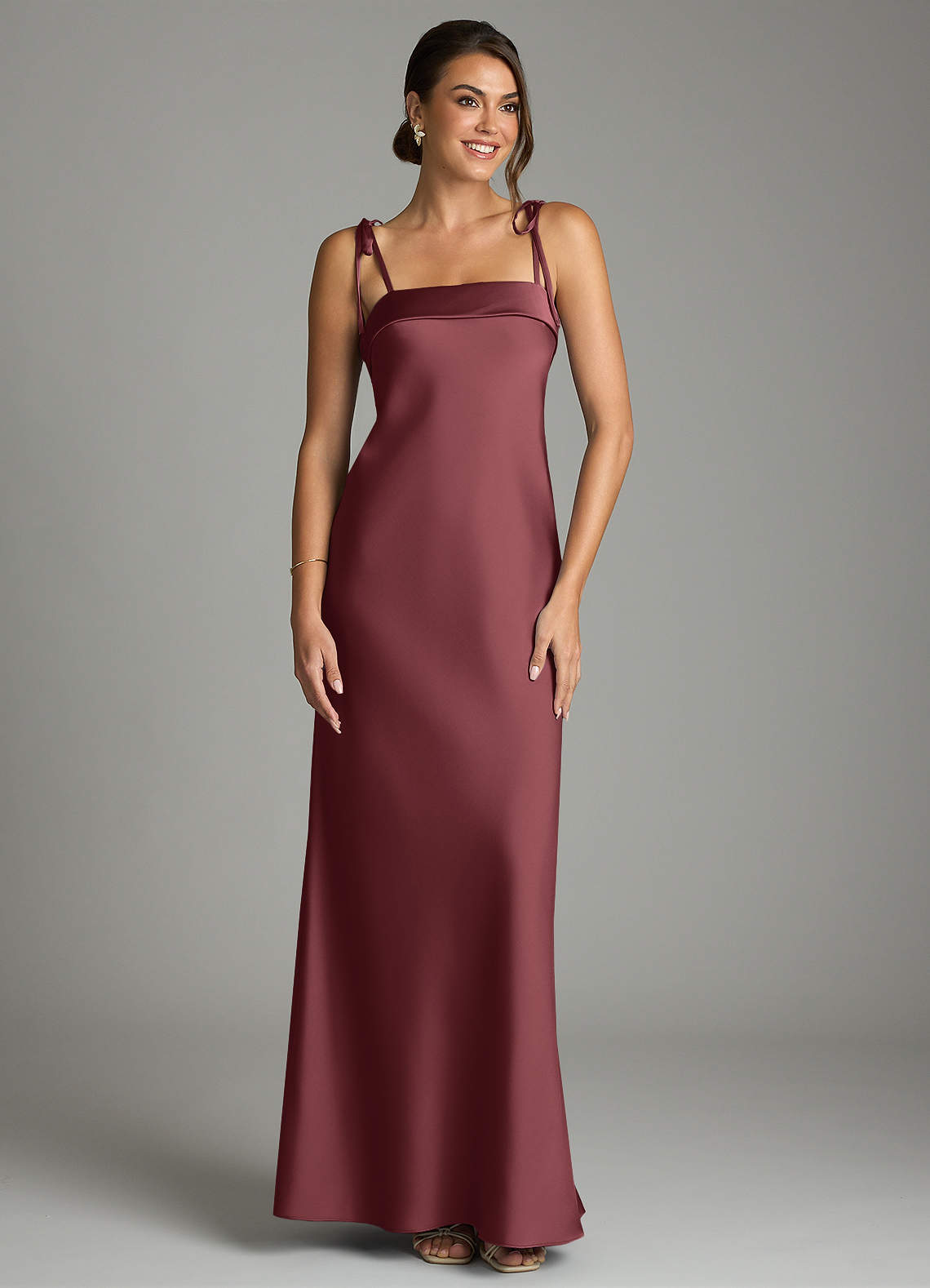 Ellia Sheath Straight-Neck Stretch Satin Bridesmaid Dress in Merlot