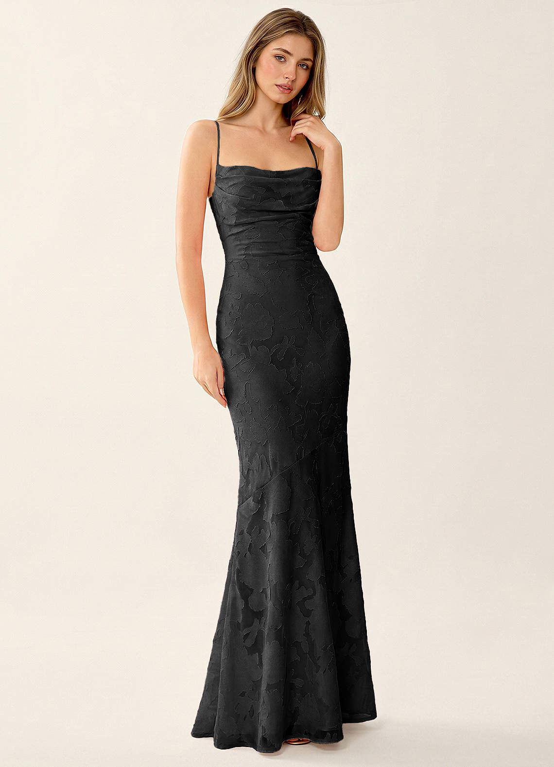 Natasha Mermaid Spaghetti-Strap Floral Burnout Evening Dress in Burgundy
