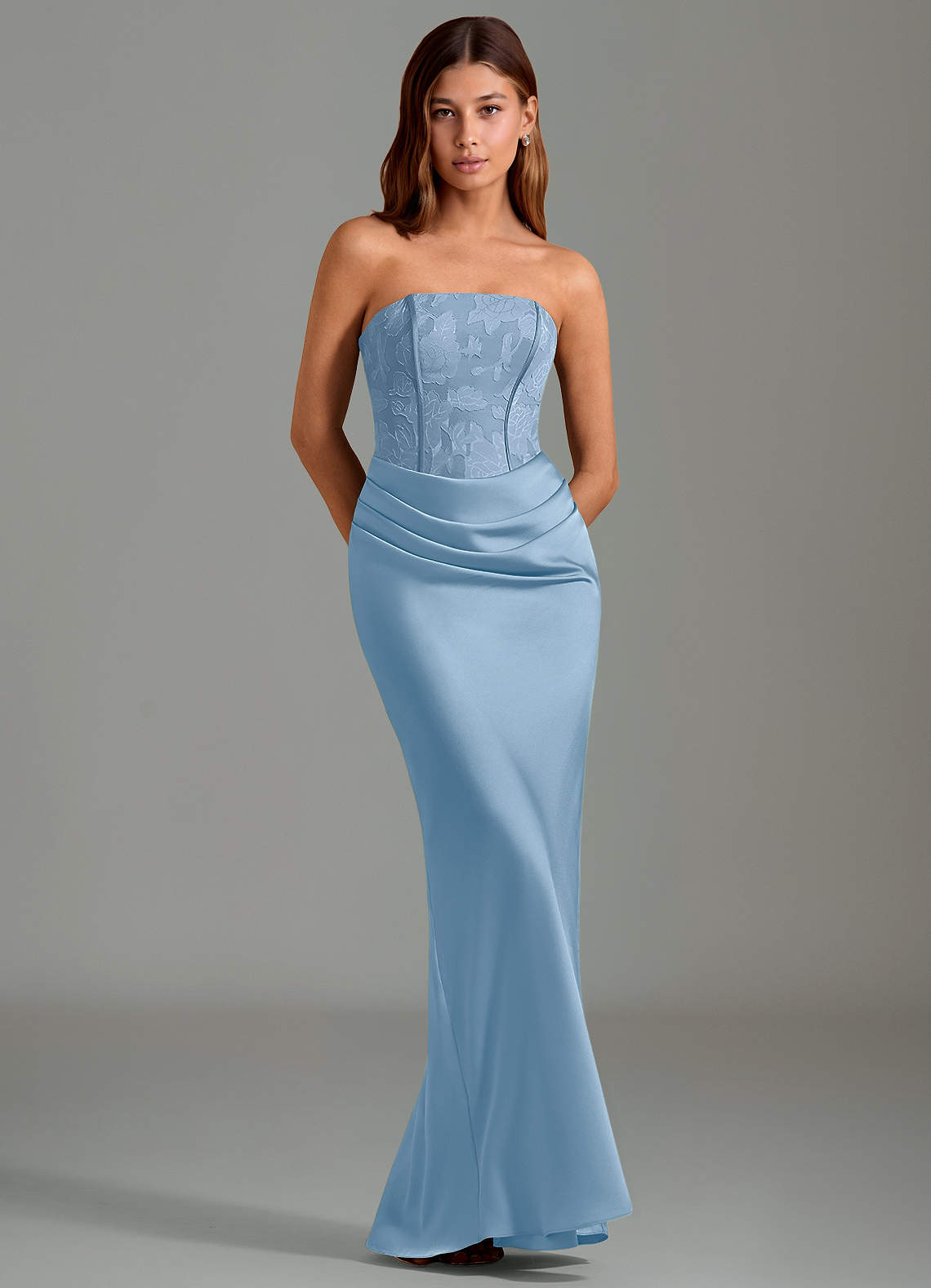 Emilia Mermaid Strapless Stretch Satin and Floral Burnout Bridesmaid Dress in Powder Blue