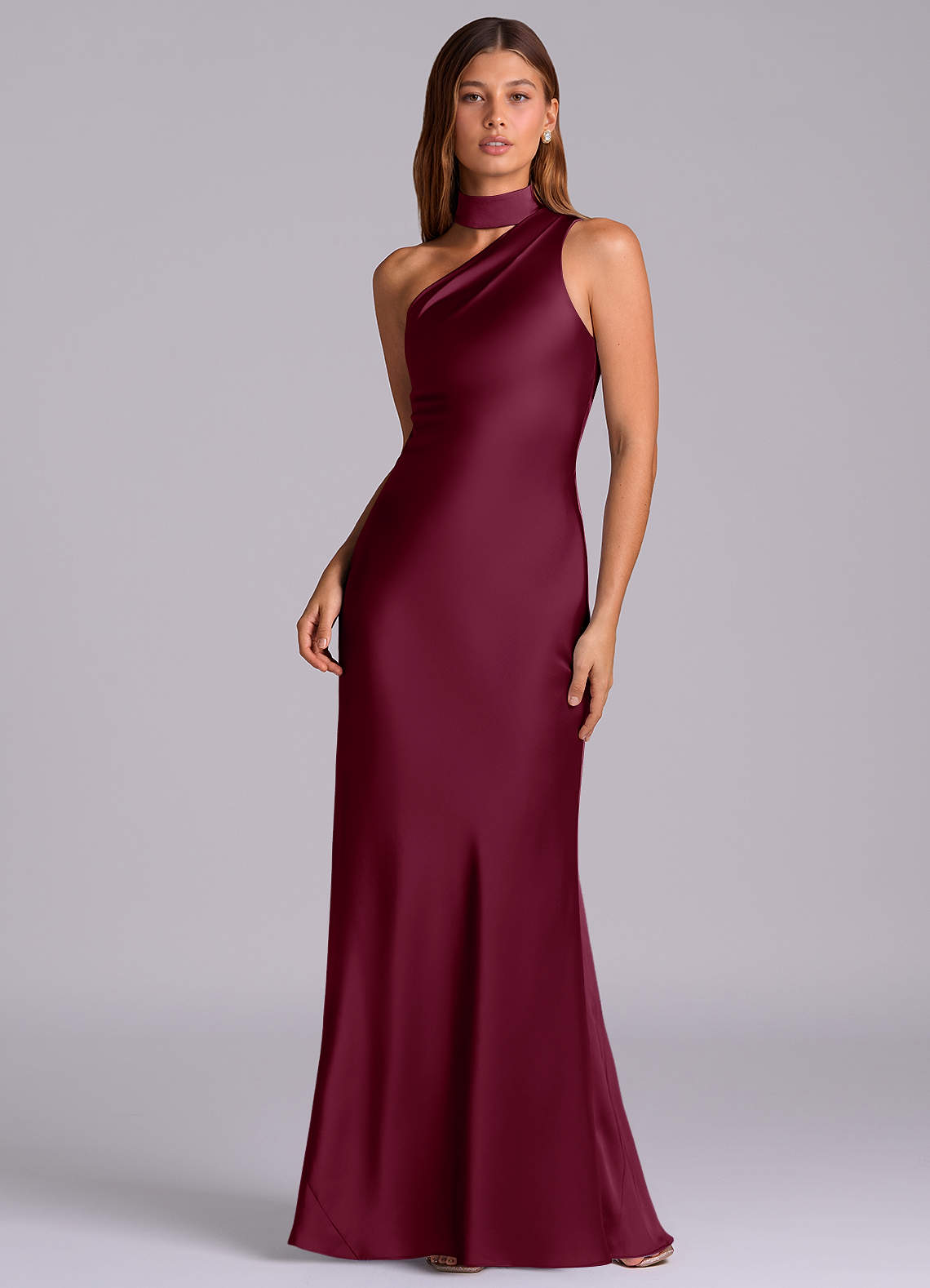 Seona Mermaid One-Shoulder Stretch Satin and Tulle Bridesmaid Dress in Mulberry