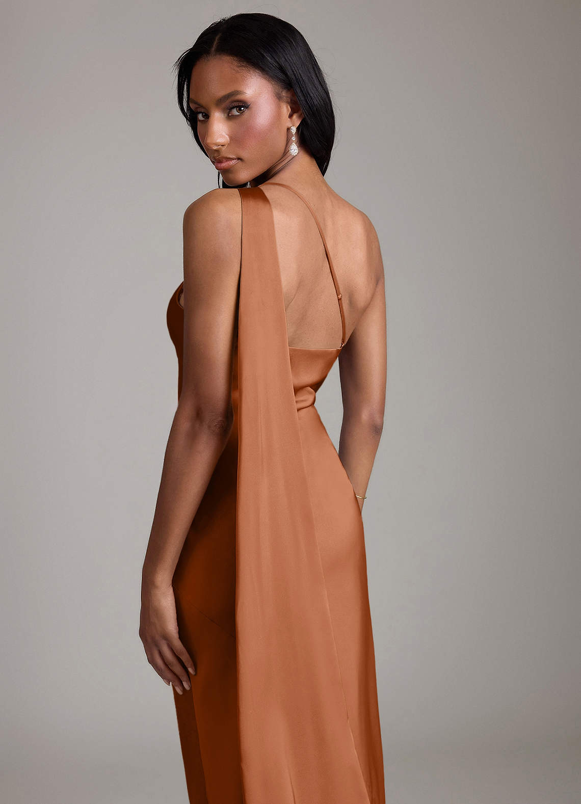 Juniper Mermaid One-Shoulder Stretch Satin Bridesmaid Dress in Copper