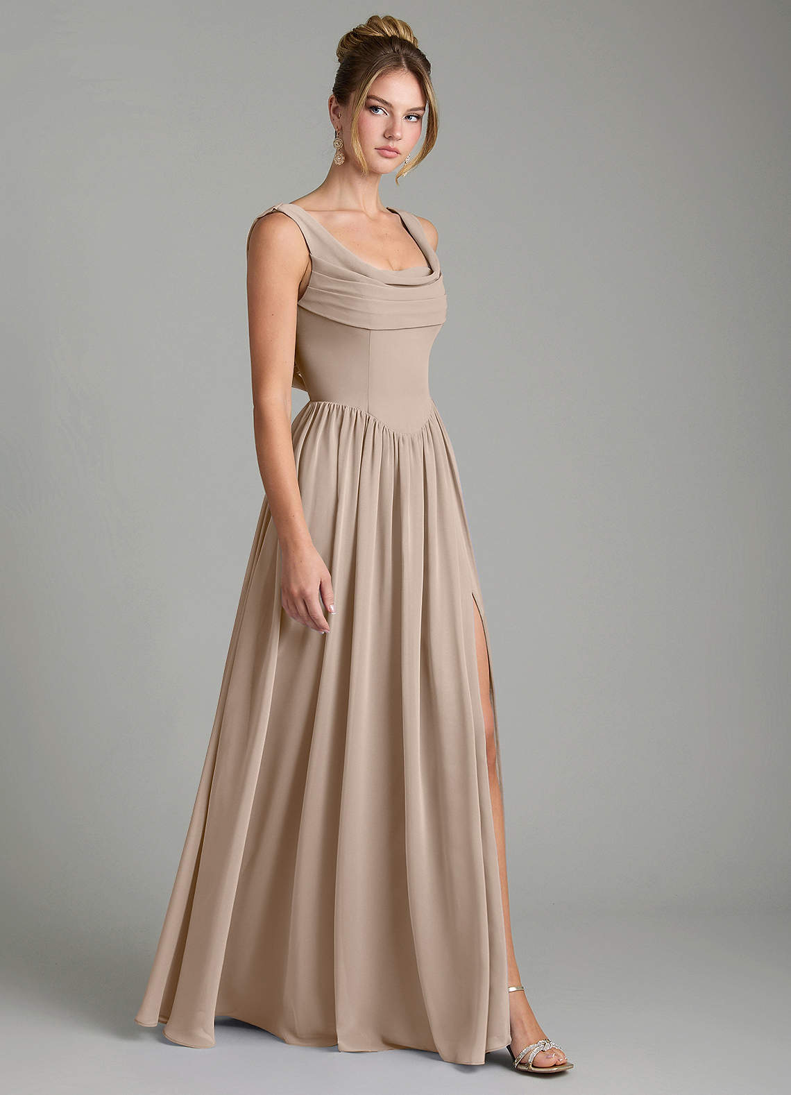Novi A-Line Square-Neck Chiffon Bridesmaid Dress in Taupe