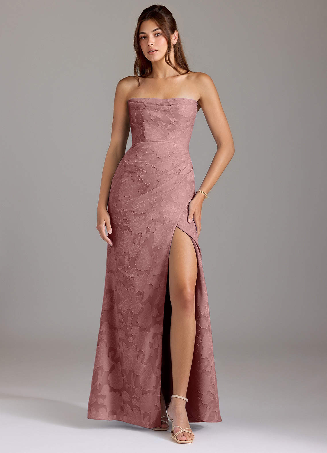 Leonis Sheath Strapless Floral Burnout Bridesmaid Dress in dusty rose