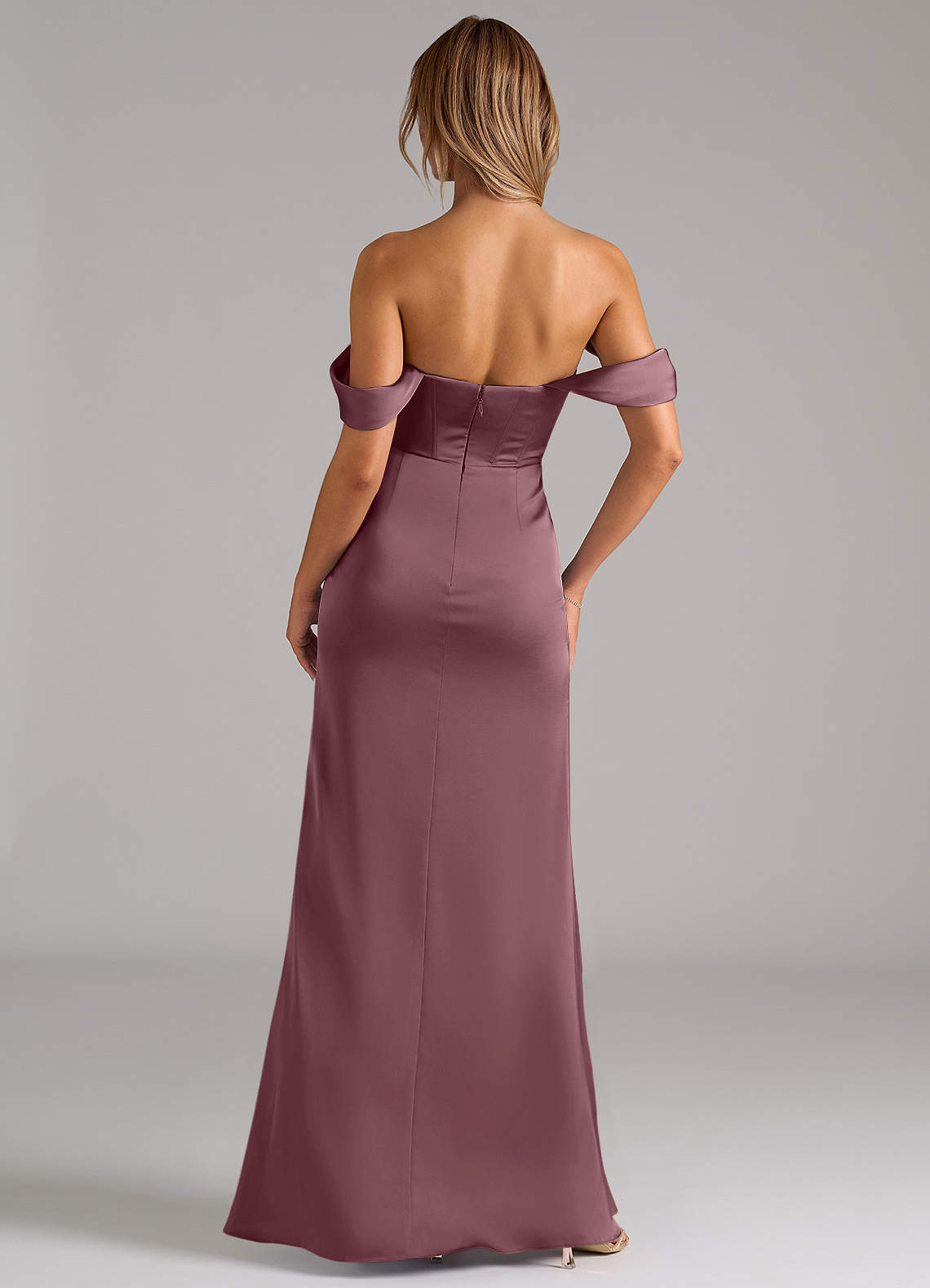 Johana Mermaid Off-the-Shoulder Stretch Satin Bridesmaid Dress in Amethyst