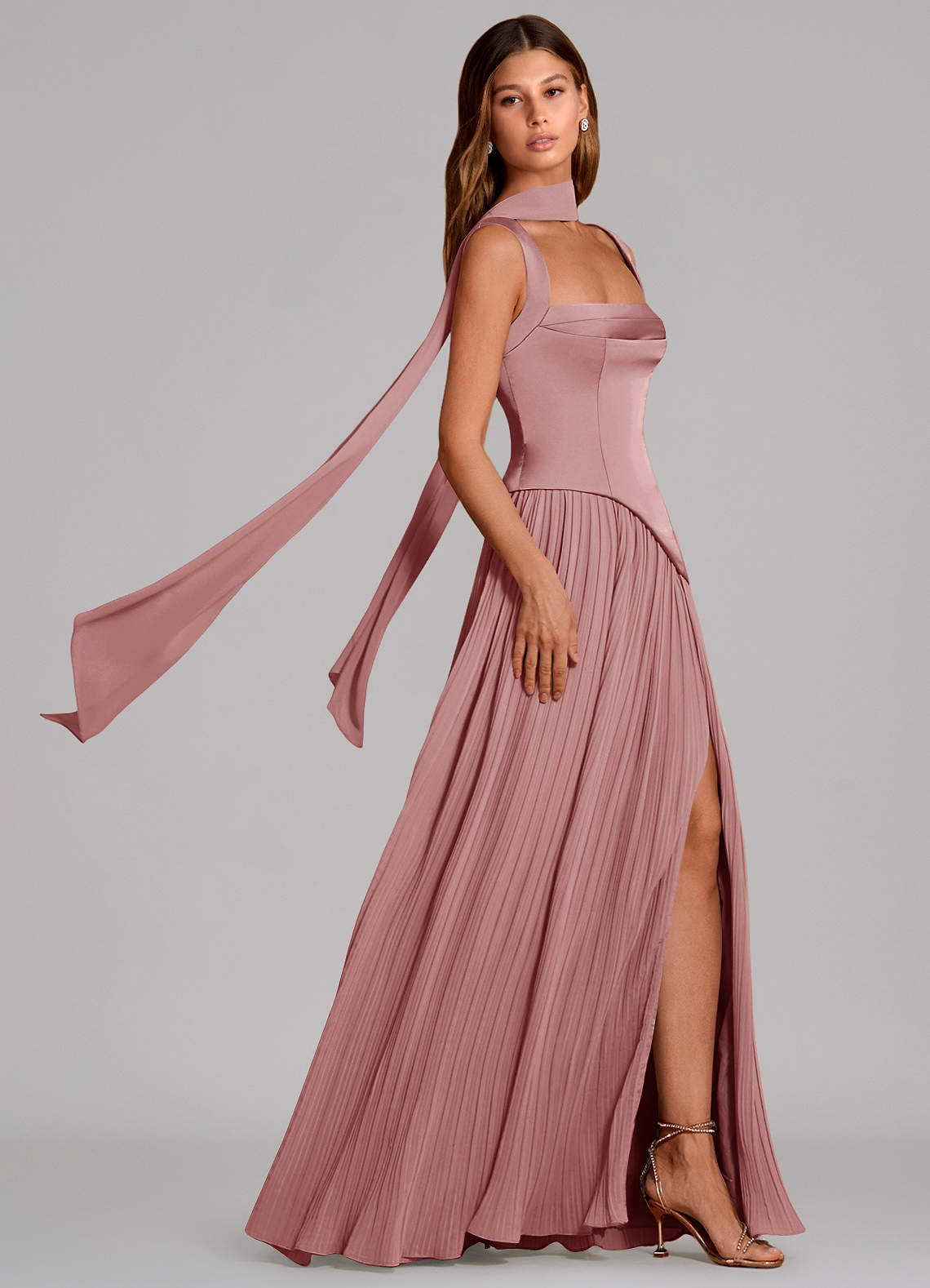 Stephanie A-Line Square-Neck Stretch Satin and Chiffon Bridesmaid Dress in dusty rose